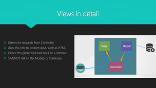 Views in detail
 Listens for requests from Controller
 Uses this info to present data, such as HTML
 Passes this presented data back to Controller
 CANNOT talk to the Models or Database
 
