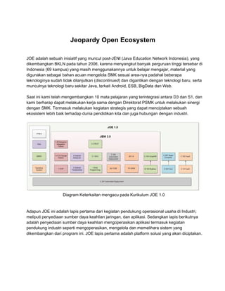 Jeopardy Open Ecosystem 
JOE adalah sebuah inisiatif yang muncul post­JENI 
(Java Education Network Indonesia), yang 
dikembangkan BKLN pada tahun 2006, karena menyangkut banyak perguruan tinggi tersebar di 
Indonesia (69 kampus) yang masih menggunakannya untuk belajar mengajar, material yang 
digunakan sebagai bahan acuan mengelola SMK sesuai area­nya 
padahal beberapa 
teknologinya sudah tidak dilanjutkan (discontinued) dan digantikan dengan teknologi baru, serta 
munculnya teknologi baru sekitar Java, terkait Android, ESB, BigData dan Web. 
Saat ini kami telah mengembangkan 10 mata pelajaran yang terintegrasi antara D3 dan S1, dan 
kami berharap dapat melakukan kerja sama dengan Direktorat PSMK untuk melakukan sinergi 
dengan SMK. Termasuk melakukan kegiatan strategis yang dapat menciptakan sebuah 
ekosistem lebih baik terhadap dunia pendidikan kita dan juga hubungan dengan industri. 
Diagram Keterkaitan mengacu pada Kurikulum JOE 1.0 
Adapun JOE ini adalah lapis pertama dari kegiatan pendukung operasional usaha di Industri, 
meliputi penyediaan sumber daya keahlian jaringan, dan aplikasi. Sedangkan lapis berikutnya 
adalah penyediaan sumber daya keahlian mengoperasikan aplikasi termasuk kegiatan 
pendukung industri seperti mengoperasikan, mengelola dan memelihara sistem yang 
dikembangkan dari program ini. JOE lapis pertama adalah platform solusi yang akan diciptakan. 
 