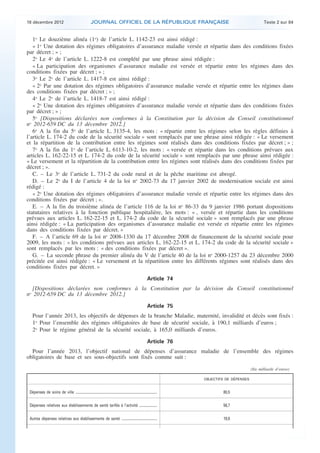 18 décembre 2012                                            JOURNAL OFFICIEL DE LA RÉPUBLIQUE FRANÇAISE                                                        Texte 2 sur 84


        1o Le douzième alinéa (1o) de l’article L. 1142-23 est ainsi rédigé :
        « 1o Une dotation des régimes obligatoires d’assurance maladie versée et répartie dans des conditions fixées
    par décret ; » ;
        2o Le 4o de l’article L. 1222-8 est complété par une phrase ainsi rédigée :
        « La participation des organismes d’assurance maladie est versée et répartie entre les régimes dans des
    conditions fixées par décret ; » ;
        3o Le 2o de l’article L. 1417-8 est ainsi rédigé :
        « 2o Par une dotation des régimes obligatoires d’assurance maladie versée et répartie entre les régimes dans
    des conditions fixées par décret ; » ;
        4o Le 2o de l’article L. 1418-7 est ainsi rédigé :
        « 2o Une dotation des régimes obligatoires d’assurance maladie versée et répartie dans des conditions fixées
    par décret ; » ;
        5o [Dispositions déclarées non conformes à la Constitution par la décision du Conseil constitutionnel
    n 2012-659 DC du 13 décembre 2012.]
      o

        6o A la fin du 5o de l’article L. 3135-4, les mots : « répartie entre les régimes selon les règles définies à
    l’article L. 174-2 du code de la sécurité sociale » sont remplacés par une phrase ainsi rédigée : « Le versement
    et la répartition de la contribution entre les régimes sont réalisés dans des conditions fixées par décret ; » ;
        7o A la fin du 1o de l’article L. 6113-10-2, les mots : « versée et répartie dans les conditions prévues aux
    articles L. 162-22-15 et L. 174-2 du code de la sécurité sociale » sont remplacés par une phrase ainsi rédigée :
    « Le versement et la répartition de la contribution entre les régimes sont réalisés dans des conditions fixées par
    décret ; ».
        C. – Le 3o de l’article L. 731-2 du code rural et de la pêche maritime est abrogé.
        D. – Le 2o du I de l’article 4 de la loi no 2002-73 du 17 janvier 2002 de modernisation sociale est ainsi
    rédigé :
        « 2o Une dotation des régimes obligatoires d’assurance maladie versée et répartie entre les régimes dans des
    conditions fixées par décret ; ».
        E. – A la fin du troisième alinéa de l’article 116 de la loi no 86-33 du 9 janvier 1986 portant dispositions
    statutaires relatives à la fonction publique hospitalière, les mots : « , versée et répartie dans les conditions
    prévues aux articles L. 162-22-15 et L. 174-2 du code de la sécurité sociale » sont remplacés par une phrase
    ainsi rédigée : « La participation des organismes d’assurance maladie est versée et répartie entre les régimes
    dans des conditions fixées par décret. »
        F. – A l’article 69 de la loi no 2008-1330 du 17 décembre 2008 de financement de la sécurité sociale pour
    2009, les mots : « les conditions prévues aux articles L. 162-22-15 et L. 174-2 du code de la sécurité sociale »
    sont remplacés par les mots : « des conditions fixées par décret ».
        G. – La seconde phrase du premier alinéa du V de l’article 40 de la loi no 2000-1257 du 23 décembre 2000
    précitée est ainsi rédigée : « Le versement et la répartition entre les différents régimes sont réalisés dans des
    conditions fixées par décret. »

                                                                                                                       Article 74
      [Dispositions déclarées non conformes à la Constitution par la décision du Conseil constitutionnel
    no 2012-659 DC du 13 décembre 2012.]

                                                                                                                       Article 75
       Pour l’année 2013, les objectifs de dépenses de la branche Maladie, maternité, invalidité et décès sont fixés :
       1o Pour l’ensemble des régimes obligatoires de base de sécurité sociale, à 190,1 milliards d’euros ;
       2o Pour le régime général de la sécurité sociale, à 165,0 milliards d’euros.

                                                                                                                       Article 76
      Pour l’année 2013, l’objectif national de dépenses d’assurance maladie de l’ensemble des régimes
    obligatoires de base et ses sous-objectifs sont fixés comme suit :

                                                                                                                                                            (En milliards d’euros)

                                                                                                                                    OBJECTIFS DE DÉPENSES


     Dépenses de soins de ville .................................................................................................           80,5

     Dépenses relatives aux établissements de santé tarifés à l’activité .....................                                              56,7

     Autres dépenses relatives aux établissements de santé ..........................................                                       19,8




.                                                                                                                                                                                    .
 