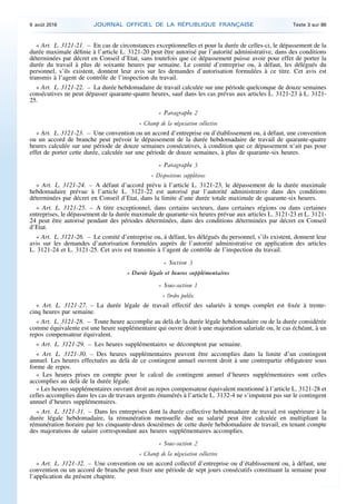 « Art. L. 3121-21. – En cas de circonstances exceptionnelles et pour la durée de celles-ci, le dépassement de la
durée maximale définie à l’article L. 3121-20 peut être autorisé par l’autorité administrative, dans des conditions
déterminées par décret en Conseil d’Etat, sans toutefois que ce dépassement puisse avoir pour effet de porter la
durée du travail à plus de soixante heures par semaine. Le comité d’entreprise ou, à défaut, les délégués du
personnel, s’ils existent, donnent leur avis sur les demandes d’autorisation formulées à ce titre. Cet avis est
transmis à l’agent de contrôle de l’inspection du travail.
« Art. L. 3121-22. – La durée hebdomadaire de travail calculée sur une période quelconque de douze semaines
consécutives ne peut dépasser quarante-quatre heures, sauf dans les cas prévus aux articles L. 3121-23 à L. 3121-
25.
« Paragraphe 2
« Champ de la négociation collective
« Art. L. 3121-23. – Une convention ou un accord d’entreprise ou d’établissement ou, à défaut, une convention
ou un accord de branche peut prévoir le dépassement de la durée hebdomadaire de travail de quarante-quatre
heures calculée sur une période de douze semaines consécutives, à condition que ce dépassement n’ait pas pour
effet de porter cette durée, calculée sur une période de douze semaines, à plus de quarante-six heures.
« Paragraphe 3
« Dispositions supplétives
« Art. L. 3121-24. – A défaut d’accord prévu à l’article L. 3121-23, le dépassement de la durée maximale
hebdomadaire prévue à l’article L. 3121-22 est autorisé par l’autorité administrative dans des conditions
déterminées par décret en Conseil d’Etat, dans la limite d’une durée totale maximale de quarante-six heures.
« Art. L. 3121-25. – A titre exceptionnel, dans certains secteurs, dans certaines régions ou dans certaines
entreprises, le dépassement de la durée maximale de quarante-six heures prévue aux articles L. 3121-23 et L. 3121-
24 peut être autorisé pendant des périodes déterminées, dans des conditions déterminées par décret en Conseil
d’Etat.
« Art. L. 3121-26. – Le comité d’entreprise ou, à défaut, les délégués du personnel, s’ils existent, donnent leur
avis sur les demandes d’autorisation formulées auprès de l’autorité administrative en application des articles
L. 3121-24 et L. 3121-25. Cet avis est transmis à l’agent de contrôle de l’inspection du travail.
« Section 3
« Durée légale et heures supplémentaires
« Sous-section 1
« Ordre public
« Art. L. 3121-27. – La durée légale de travail effectif des salariés à temps complet est fixée à trente-
cinq heures par semaine.
« Art. L. 3121-28. – Toute heure accomplie au delà de la durée légale hebdomadaire ou de la durée considérée
comme équivalente est une heure supplémentaire qui ouvre droit à une majoration salariale ou, le cas échéant, à un
repos compensateur équivalent.
« Art. L. 3121-29. – Les heures supplémentaires se décomptent par semaine.
« Art. L. 3121-30. – Des heures supplémentaires peuvent être accomplies dans la limite d’un contingent
annuel. Les heures effectuées au delà de ce contingent annuel ouvrent droit à une contrepartie obligatoire sous
forme de repos.
« Les heures prises en compte pour le calcul du contingent annuel d’heures supplémentaires sont celles
accomplies au delà de la durée légale.
« Les heures supplémentaires ouvrant droit au repos compensateur équivalent mentionné à l’article L. 3121-28 et
celles accomplies dans les cas de travaux urgents énumérés à l’article L. 3132-4 ne s’imputent pas sur le contingent
annuel d’heures supplémentaires.
« Art. L. 3121-31. – Dans les entreprises dont la durée collective hebdomadaire de travail est supérieure à la
durée légale hebdomadaire, la rémunération mensuelle due au salarié peut être calculée en multipliant la
rémunération horaire par les cinquante-deux douzièmes de cette durée hebdomadaire de travail, en tenant compte
des majorations de salaire correspondant aux heures supplémentaires accomplies.
« Sous-section 2
« Champ de la négociation collective
« Art. L. 3121-32. – Une convention ou un accord collectif d’entreprise ou d’établissement ou, à défaut, une
convention ou un accord de branche peut fixer une période de sept jours consécutifs constituant la semaine pour
l’application du présent chapitre.
9 août 2016 JOURNAL OFFICIEL DE LA RÉPUBLIQUE FRANÇAISE Texte 3 sur 86
 