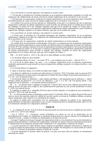« Les conventions ou accords régionaux sont négociés et conclus entre :
« 1o
D’une part, le président de la chambre régionale ou un ou plusieurs représentants, mandatés à cet effet, des
employeurs des établissements du réseau relevant du champ d’application de la convention ou de l’accord ;
« 2o
D’autre part, les organisations syndicales de salariés représentatives au niveau régional ou dans l’ensemble
des établissements du réseau relevant du champ d’application de la convention ou de l’accord.
« La validité d’un accord au niveau régional est subordonnée, d’une part, à sa signature par une ou plusieurs
organisations syndicales de salariés représentatives ayant recueilli, aux élections prises en compte pour la mesure
de l’audience, au moins 30 % des suffrages exprimés, quel que soit le nombre de votants, et, d’autre part, à
l’absence d’opposition d’une ou de plusieurs organisations syndicales de salariés représentatives ayant recueilli la
majorité des suffrages exprimés à ces mêmes élections, quel que soit le nombre de votants.
« Les conventions ou accords nationaux sont négociés et conclus entre :
« a) D’une part, le président de l’Assemblée permanente des chambres d’agriculture ou un ou plusieurs
représentants, mandatés à cet effet, des employeurs des établissements du réseau relevant du champ d’application
de la convention ou de l’accord ;
« b) D’autre part, les organisations syndicales de salariés représentatives au niveau national.
« La validité d’un accord national est subordonnée, d’une part, à sa signature par une ou plusieurs organisations
syndicales de salariés représentatives ayant recueilli, aux élections prises en compte pour la mesure de l’audience,
au moins 30 % des suffrages exprimés en faveur d’organisations reconnues représentatives au niveau national, quel
que soit le nombre de votants, et, d’autre part, à l’absence d’opposition d’une ou plusieurs organisations syndicales
de salariés représentatives ayant recueilli la majorité des suffrages exprimés en faveur des organisations
représentatives à ces mêmes élections, quel que soit le nombre de votants. »
VIII. – Le II de l’article L. 1432-11 du code de la santé publique est ainsi modifié :
1o
Le deuxième alinéa est ainsi modifié :
a) A la première phrase, les mots : « au moins 30 % » sont remplacés par les mots : « plus de 50 % » ;
b) A la fin de la même phrase, les mots : « et à l’absence d’opposition d’une ou plusieurs organisations
syndicales représentatives ayant recueilli au moins la majorité des suffrages exprimés à ces mêmes élections » sont
supprimés ;
c) La seconde phrase est supprimée ;
2o
Après le deuxième alinéa, il est inséré un alinéa ainsi rédigé :
« Les règles de validité de ces accords sont celles prévues à l’article L. 2232-12 du même code. Les taux de 30 %
et de 50 % mentionnés au même article sont appréciés à l’échelle des deux collèges de personnel mentionnés aux 1o
et 2o
du 1 du I du présent article. » ;
3o
Au troisième alinéa, les références : « deux alinéas précédents » sont remplacées par les références : « quatre
premiers alinéas du présent II » et, à la fin, les références : « aux 1o
et 2o
du 1 du I du présent article » sont
remplacées par la référence : « au troisième alinéa du présent II ».
IX. – A. – Le présent article s’applique à compter du 1er
janvier 2017 aux accords collectifs qui portent sur la
durée du travail, les repos et les congés et, dès la publication de la présente loi, aux accords mentionnés à l’article
L. 2254-2 du code du travail.
Il s’applique à compter du 1er
septembre 2019 aux autres accords collectifs, à l’exception de ceux mentionnés à
l’article L. 5125-1 du code du travail.
B. – Le Gouvernement remet au Parlement, au plus tard le 31 décembre 2018, un rapport faisant le bilan de la
mise en œuvre des nouvelles règles de validité des accords conclus au niveau de l’entreprise définies au présent
article, notamment celles relatives à la consultation des salariés.
Ce rapport est établi après concertation avec les organisations syndicales de salariés et les organisations
professionnelles d’employeurs représentatives aux niveaux interprofessionnel et multiprofessionnel, après avis de
la Commission nationale de la négociation collective.
Article 22
I. – Le chapitre IV du titre V du livre II de la deuxième partie du code du travail est complété par des articles
L. 2254-2 à L. 2254-6 ainsi rédigés :
« Art. L. 2254-2. – I. – Lorsqu’un accord d’entreprise est conclu en vue de la préservation ou du
développement de l’emploi, ses stipulations se substituent de plein droit aux clauses contraires et incompatibles du
contrat de travail, y compris en matière de rémunération et de durée du travail.
« Lorsque l’employeur envisage d’engager des négociations relatives à la conclusion d’un accord mentionné au
premier alinéa du présent I, il transmet aux organisations syndicales de salariés toutes les informations nécessaires
à l’établissement d’un diagnostic partagé entre l’employeur et les organisations syndicales de salariés.
« L’accord mentionné au même premier alinéa comporte un préambule indiquant notamment les objectifs de
l’accord en matière de préservation ou de développement de l’emploi. Par dérogation au second alinéa de l’article
L. 2222-3-3, l’absence de préambule entraîne la nullité de l’accord.
« L’accord mentionné au premier alinéa du présent I ne peut avoir pour effet de diminuer la rémunération
mensuelle du salarié.
9 août 2016 JOURNAL OFFICIEL DE LA RÉPUBLIQUE FRANÇAISE Texte 3 sur 86
 