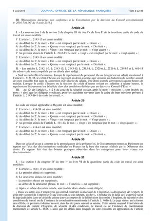 III. [Dispositions déclarées non conformes à la Constitution par la décision du Conseil constitutionnel
no
2016-736 DC du 4 août 2016.]
Article 28
I. – La sous-section 1 de la section 3 du chapitre III du titre IV du livre Ier
de la deuxième partie du code du
travail est ainsi modifiée :
1o
L’article L. 2143-13 est ainsi modifié :
a) Au début du 1o
, le mot : « Dix » est remplacé par le mot : « Douze » ;
b) Au début du 2o
, le mot : « Quinze » est remplacé par le mot : « Dix-huit » ;
c) Au début du 3o
, le mot : « Vingt » est remplacé par le mot : « Vingt-quatre » ;
2o
Au premier alinéa de l’article L. 2143-15, le mot : « vingt » est remplacé par le mot : « vingt-quatre » ;
3o
L’article L. 2143-16 est ainsi modifié :
a) Au début du 1o
, le mot : « Dix » est remplacé par le mot : « Douze » ;
b) Au début du 2o
, le mot : « Quinze » est remplacé par le mot : « Dix-huit ».
II. – Les articles L. 2142-1-3, L. 2143-13, L. 2143-15, L. 2315-1, L. 2325-6, L. 2326-6, L. 2393-3 et L. 4614-3
du même code sont complétés par un alinéa ainsi rédigé :
« Sauf accord collectif contraire, lorsque le représentant du personnel élu ou désigné est un salarié mentionné à
l’article L. 3121-58, le crédit d’heures est regroupé en demi-journées qui viennent en déduction du nombre annuel
de jours travaillés fixé dans la convention individuelle du salarié. Une demi-journée correspond à quatre heures de
mandat. Lorsque le crédit d’heures ou la fraction du crédit d’heures restant est inférieur à quatre heures, le
représentant du personnel en bénéficie dans des conditions définies par un décret en Conseil d’Etat. »
III. – Au 12o
de l’article L. 412-8 du code de la sécurité sociale, après le mot : « missions », sont insérés les
mots : « ainsi que les délégués syndicaux, pour les accidents survenus dans le cadre de leurs missions prévues à
l’article L. 2143-16-1 du code du travail, ».
Article 29
Le code du travail applicable à Mayotte est ainsi modifié :
1o
L’article L. 414-38 est ainsi modifié :
a) Au début du 1o
, le mot : « Dix » est remplacé par le mot : « Douze » ;
b) Au début du 2o
, le mot : « Quinze » est remplacé par le mot : « Dix-huit » ;
c) Au début du 3o
, le mot : « Vingt » est remplacé par le mot : « Vingt-quatre » ;
2o
Au premier alinéa de l’article L. 414-40, le mot : « vingt » est remplacé par le mot : « vingt-quatre » ;
3o
L’article L. 414-41 est ainsi modifié :
a) Au début du 1o
, le mot : « Dix » est remplacé par le mot : « Douze » ;
b) Au début du 2o
, le mot : « Quinze » est remplacé par le mot : « Dix-huit ».
Article 30
Dans un délai d’un an à compter de la promulgation de la présente loi, le Gouvernement remet au Parlement un
rapport sur l’état des discriminations syndicales en France sur la base des travaux réalisés par le Défenseur des
droits. Ce rapport fait état des bonnes pratiques observées dans les entreprises pour lutter contre ces
discriminations.
Article 31
I. – La section 4 du chapitre IV du titre Ier
du livre VI de la quatrième partie du code du travail est ainsi
modifiée :
1o
L’article L. 4614-13 est ainsi modifié :
a) Le premier alinéa est supprimé ;
b) Le deuxième alinéa est ainsi modifié :
– la première phrase est supprimée ;
– au début de la deuxième phrase, le mot : « Toutefois, » est supprimé ;
c) Après le même deuxième alinéa, sont insérés deux alinéas ainsi rédigés :
« Dans les autres cas, l’employeur qui entend contester la nécessité de l’expertise, la désignation de l’expert, le
coût prévisionnel de l’expertise tel qu’il ressort, le cas échéant, du devis, l’étendue ou le délai de l’expertise saisit
le juge judiciaire dans un délai de quinze jours à compter de la délibération du comité d’hygiène, de sécurité et des
conditions de travail ou de l’instance de coordination mentionnée à l’article L. 4616-1. Le juge statue, en la forme
des référés, en premier et dernier ressort, dans les dix jours suivant sa saisine. Cette saisine suspend l’exécution de
la décision du comité d’hygiène, de sécurité et des conditions de travail ou de l’instance de coordination
mentionnée à l’article L. 4616-1, ainsi que les délais dans lesquels ils sont consultés en application de l’article
9 août 2016 JOURNAL OFFICIEL DE LA RÉPUBLIQUE FRANÇAISE Texte 3 sur 86
 
