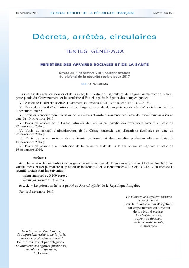 Arrete Fixant Le Plafond De La Securite Sociale Pour 2017