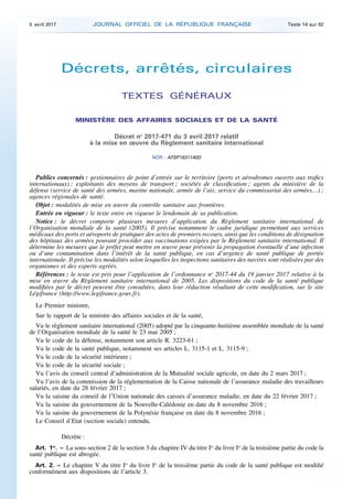Décrets, arrêtés, circulaires
TEXTES GÉNÉRAUX
MINISTÈRE DES AFFAIRES SOCIALES ET DE LA SANTÉ
Décret no
2017-471 du 3 avril...