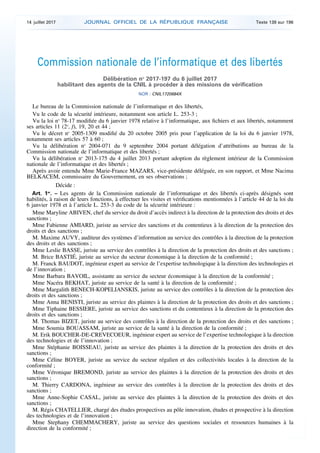 Commission nationale de l’informatique et des libertés
Délibération no
2017-197 du 6 juillet 2017
habilitant des agents de...