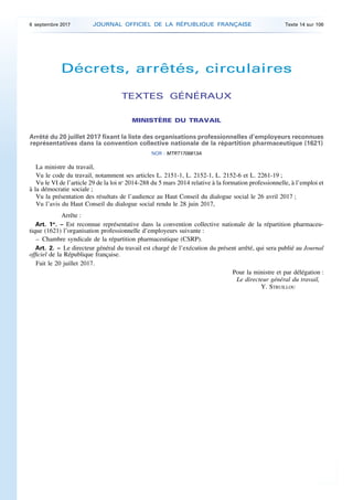 Décrets, arrêtés, circulaires
TEXTES GÉNÉRAUX
MINISTÈRE DU TRAVAIL
Arrêté du 20 juillet 2017 fixant la liste des organisat...