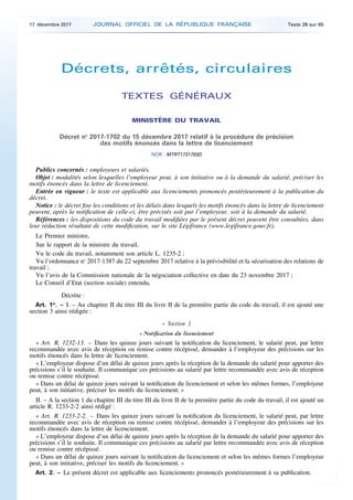 Décrets, arrêtés, circulaires
TEXTES GÉNÉRAUX
MINISTÈRE DU TRAVAIL
Décret no
2017-1702 du 15 décembre 2017 relatif à la pr...