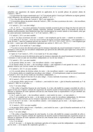 rattachées aux organismes du régime général en application de la seconde phrase du premier alinéa de
l’article L. 160-17.
« La couverture des risques mentionnés aux 1o
et 2o
du présent article s’exerce par l’affiliation au régime général,
à titre obligatoire, des personnes mentionnées aux mêmes 1o
et 2o
. » ;
2o
Les cinq derniers alinéas de l’article L. 200-2 sont supprimés ;
3o
A la première phrase du premier alinéa de l’article L. 200-3, les deux occurrences des mots : « des travailleurs
salariés » sont supprimées ;
4o
L’article L. 211-1 est ainsi rédigé :
« Art. L. 211-1. – Les caisses primaires d’assurance maladie assurent la prise en charge des frais de santé et le
service des prestations d’assurance maladie, maternité, paternité, invalidité, décès et d’accidents du travail et
maladies professionnelles dont bénéficient dans leur circonscription les assurés salariés et non-salariés, ainsi que
les autres personnes mentionnées aux 1o
et 4o
de l’article L. 200-1. » ;
5o
L’article L. 213-1 est ainsi modifié :
a) Au 1o
, les deux occurrences du mot : « assurés » sont remplacées par les mots : « salariés ou assimilés » ;
b) Au début du 3o
, les mots : « Avec les caisses de base du régime social des indépendants, » sont supprimés et, à
la fin, les mots : « dans les conditions prévues aux articles L. 133-1-2, L. 133-1-3 et L. 133-5-2 » sont remplacés par
les mots : « autres que celles mentionnées également aux articles L. 642-1 et L. 723-3 » ;
c) Après le 6o
, il est inséré un 7o
ainsi rédigé :
« 7o
La mise en œuvre des décisions prises par les instances régionales du conseil mentionné à l’article L. 612-1
destinées à venir en aide aux travailleurs indépendants qui éprouvent des difficultés pour régler leurs cotisations et
contributions sociales. » ;
6o
Après le 4o
de l’article L. 215-1, il est inséré un 4o
bis ainsi rédigé :
« 4o
bis Mettent en œuvre les décisions prises par les instances régionales du conseil mentionné à l’article L. 612-
1 destinées à venir en aide aux travailleurs indépendants en vue de leur retraite ; »
7o
L’article L. 221-1 est ainsi modifié :
a) Au premier alinéa, les mots : « des travailleurs salariés » sont supprimés ;
b) Au dernier alinéa, les mots : « des travailleurs salariés » sont supprimés et sont ajoutés les mots : « , et des
données relatives aux services rendus aux travailleurs indépendants » ;
8o
L’article L. 221-3-1 est ainsi modifié :
a) A la seconde phrase du dixième alinéa, les mots : « des travailleurs salariés » sont supprimés ;
b) Le dernier alinéa est complété par une phrase ainsi rédigée : « Il rend également compte au conseil mentionné
à l’article L. 612-1 du service rendu aux travailleurs indépendants. » ;
9o
L’intitulé du chapitre II du titre II est ainsi rédigé : « Caisse nationale d’assurance vieillesse » ;
10o
L’article L. 222-1 est ainsi modifié :
a) Au premier alinéa, après le mot : « vieillesse », sont insérés les mots : « gère la branche mentionnée au 3o
de
l’article L. 200-2 et, à cet effet, » ;
b) Le 1o
est ainsi rédigé :
« 1o
De veiller à l’équilibre financier de cette branche. A ce titre, elle établit les comptes consolidés de celle-ci,
assure en lien avec l’Agence centrale des organismes de sécurité sociale le financement des organismes locaux et
effectue le règlement de toute opération relevant de cette branche dont la responsabilité n’est pas attribuée aux
organismes locaux ; »
c) Au 2o
, après les mots : « des travailleurs salariés », sont insérés les mots : « et non-salariés » ;
d) Le 4o
est complété par les mots : « et de mettre en œuvre, pour les travailleurs indépendants, les décisions
prises dans le même domaine par les instances régionales du conseil mentionné à l’article L. 612-1 » ;
e) A la fin du 5o
, les mots : « des travailleurs salariés » sont remplacés par les mots : « du régime général » ;
f) Le 6o
est abrogé ;
11o
L’article L. 223-1 est ainsi modifié :
a) Au premier alinéa, après le mot : « familiales », sont insérés les mots : « gère la branche mentionnée au 4o
de
l’article L. 200-2 et, à cet effet, » ;
b) Le 1o
est ainsi rédigé :
« 1o
De veiller à l’équilibre financier de cette branche. A ce titre, elle établit les comptes consolidés de celle-ci,
assure en lien avec l’Agence centrale des organismes de sécurité sociale le financement des organismes locaux et
effectue le règlement de toute opération relevant de cette branche dont la responsabilité n’est pas attribuée aux
organismes locaux ; »
c) Le 4o
est abrogé ;
d) Au 5o
, les mots : « , le régime des exploitants agricoles et le régime social des indépendants » sont remplacés
par les mots : « et le régime des exploitants agricoles » ;
31 décembre 2017 JOURNAL OFFICIEL DE LA RÉPUBLIQUE FRANÇAISE Texte 1 sur 173
 
