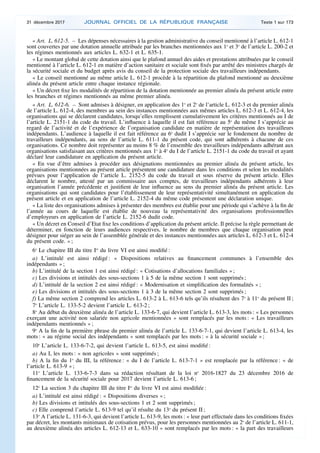 « Art. L. 612-5. – Les dépenses nécessaires à la gestion administrative du conseil mentionné à l’article L. 612-1
sont couvertes par une dotation annuelle attribuée par les branches mentionnées aux 1o
et 3o
de l’article L. 200-2 et
les régimes mentionnés aux articles L. 632-1 et L. 635-1.
« Le montant global de cette dotation ainsi que le plafond annuel des aides et prestations attribuées par le conseil
mentionné à l’article L. 612-1 en matière d’action sanitaire et sociale sont fixés par arrêté des ministres chargés de
la sécurité sociale et du budget après avis du conseil de la protection sociale des travailleurs indépendants.
« Le conseil mentionné au même article L. 612-1 procède à la répartition du plafond mentionné au deuxième
alinéa du présent article entre chaque instance régionale.
« Un décret fixe les modalités de répartition de la dotation mentionnée au premier alinéa du présent article entre
les branches et régimes mentionnés au même premier alinéa.
« Art. L. 612-6. – Sont admises à désigner, en application des 1o
et 2o
de l’article L. 612-3 et du premier alinéa
de l’article L. 612-4, des membres au sein des instances mentionnées aux mêmes articles L. 612-3 et L. 612-4, les
organisations qui se déclarent candidates, lorsqu’elles remplissent cumulativement les critères mentionnés au I de
l’article L. 2151-1 du code du travail. L’influence à laquelle il est fait référence au 5o
du même I s’apprécie au
regard de l’activité et de l’expérience de l’organisation candidate en matière de représentation des travailleurs
indépendants. L’audience à laquelle il est fait référence au 6o
dudit I s’apprécie sur le fondement du nombre de
travailleurs indépendants, au sens de l’article L. 611-1 du présent code, qui sont adhérents à chacune de ces
organisations. Ce nombre doit représenter au moins 8 % de l’ensemble des travailleurs indépendants adhérant aux
organisations satisfaisant aux critères mentionnés aux 1o
à 4o
du I de l’article L. 2151-1 du code du travail et ayant
déclaré leur candidature en application du présent article.
« En vue d’être admises à procéder aux désignations mentionnées au premier alinéa du présent article, les
organisations mentionnées au présent article présentent une candidature dans les conditions et selon les modalités
prévues pour l’application de l’article L. 2152-5 du code du travail et sous réserve du présent article. Elles
déclarent le nombre, attesté par un commissaire aux comptes, de travailleurs indépendants adhérents à leur
organisation l’année précédente et justifient de leur influence au sens du premier alinéa du présent article. Les
organisations qui sont candidates pour l’établissement de leur représentativité simultanément en application du
présent article et en application de l’article L. 2152-4 du même code présentent une déclaration unique.
« La liste des organisations admises à présenter des membres est établie pour une période qui s’achève à la fin de
l’année au cours de laquelle est établie de nouveau la représentativité des organisations professionnelles
d’employeurs en application de l’article L. 2152-6 dudit code.
« Un décret en Conseil d’Etat fixe les conditions d’application du présent article. Il précise la règle permettant de
déterminer, en fonction de leurs audiences respectives, le nombre de membres que chaque organisation peut
désigner pour siéger au sein de l’assemblée générale et des instances mentionnées aux articles L. 612-3 et L. 612-4
du présent code. » ;
6o
Le chapitre III du titre Ier
du livre VI est ainsi modifié :
a) L’intitulé est ainsi rédigé : « Dispositions relatives au financement communes à l’ensemble des
indépendants » ;
b) L’intitulé de la section 1 est ainsi rédigé : « Cotisations d’allocations familiales » ;
c) Les divisions et intitulés des sous-sections 1 à 5 de la même section 1 sont supprimés ;
d) L’intitulé de la section 2 est ainsi rédigé : « Modernisation et simplification des formalités » ;
e) Les divisions et intitulés des sous-sections 1 à 3 de la même section 2 sont supprimés ;
f) La même section 2 comprend les articles L. 613-2 à L. 613-6 tels qu’ils résultent des 7o
à 11o
du présent II ;
7o
L’article L. 133-5-2 devient l’article L. 613-2 ;
8o
Au début du deuxième alinéa de l’article L. 133-6-7, qui devient l’article L. 613-3, les mots : « Les personnes
exerçant une activité non salariée non agricole mentionnées » sont remplacés par les mots : « Les travailleurs
indépendants mentionnés » ;
9o
A la fin de la première phrase du premier alinéa de l’article L. 133-6-7-1, qui devient l’article L. 613-4, les
mots : « au régime social des indépendants » sont remplacés par les mots : « à la sécurité sociale » ;
10o
L’article L. 133-6-7-2, qui devient l’article L. 613-5, est ainsi modifié :
a) Au I, les mots : « non agricoles » sont supprimés ;
b) A la fin du 1o
du III, la référence : « du I de l’article L. 613-7-1 » est remplacée par la référence : « de
l’article L. 613-9 » ;
11o
L’article L. 133-6-7-3 dans sa rédaction résultant de la loi no
2016-1827 du 23 décembre 2016 de
financement de la sécurité sociale pour 2017 devient l’article L. 613-6 ;
12o
La section 3 du chapitre III du titre Ier
du livre VI est ainsi modifiée :
a) L’intitulé est ainsi rédigé : « Dispositions diverses » ;
b) Les divisions et intitulés des sous-sections 1 et 2 sont supprimés ;
c) Elle comprend l’article L. 613-9 tel qu’il résulte du 13o
du présent II ;
13o
A l’article L. 131-6-3, qui devient l’article L. 613-9, les mots : « leur part effectuée dans les conditions fixées
par décret, les montants minimaux de cotisation prévus, pour les personnes mentionnées au 2o
de l’article L. 611-1,
au deuxième alinéa des articles L. 612-13 et L. 633-10 » sont remplacés par les mots : « la part des travailleurs
31 décembre 2017 JOURNAL OFFICIEL DE LA RÉPUBLIQUE FRANÇAISE Texte 1 sur 173
 