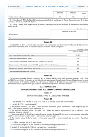 PRÉVISIONS
de recettes
OBJECTIFS
de dépenses SOLDE
Fonds de solidarité vieillesse......................................................................................................... 15,8 19,3 – 3,5
II. – Pour l’année 2018, l’objectif d’amortissement de la dette sociale par la Caisse d’amortissement de la dette
sociale est fixé à 15,2 milliards d’euros.
III. – Pour l’année 2018, les prévisions de recettes par catégorie affectées au Fonds de réserve pour les retraites
sont fixées à :
(En milliards d’euros)
PRÉVISIONS DE RECETTES
Recettes affectées................................................................................................................. 0
Total....................................................................................................................................... 0
Article 34
Sont habilités en 2018 à recourir à des ressources non permanentes afin de couvrir leurs besoins de trésorerie les
organismes mentionnés dans le tableau ci-dessous, dans les limites indiquées :
(En millions d’euros)
ENCOURS LIMITES
Agence centrale des organismes de sécurité sociale....................................................................................................................... 38 000
Caisse centrale de la mutualité sociale agricole............................................................................................................................... 4 900
Caisse de prévoyance et de retraite du personnel de la SNCF – période du 1er
au 31 janvier................................................... 500
Caisse de prévoyance et de retraite du personnel de la SNCF – période du 1er
février au 31 décembre.................................. 200
Caisse autonome nationale de la sécurité sociale dans les mines................................................................................................. 450
Caisse nationale des industries électriques et gazières................................................................................................................... 440
Article 35
Est approuvé le rapport figurant en annexe B à la présente loi décrivant, pour les quatre années à venir (2018
à 2021), les prévisions de recettes et les objectifs de dépenses par branche des régimes obligatoires de base de
sécurité sociale et du régime général, les prévisions de recettes et de dépenses des organismes concourant au
financement de ces régimes ainsi que l’objectif national de dépenses d’assurance maladie.
QUATRIÈME PARTIE
DISPOSITIONS RELATIVES AUX DÉPENSES POUR L’EXERCICE 2018
TITRE IER
DISPOSITIONS RELATIVES À LA BRANCHE FAMILLE
Article 36
I. – Le chapitre Ier
du titre III du livre V du code de la sécurité sociale est ainsi modifié :
1o
L’article L. 531-5 est ainsi modifié :
a) Au premier alinéa du I, les mots : « une assistante maternelle agréée mentionnée » sont remplacés par les
mots : « un assistant maternel agréé mentionné » ;
b) Au septième alinéa du même I, les mots : « à l’alinéa précédent » sont remplacés par la référence : « au
cinquième alinéa du présent I » ;
c) Au premier alinéa du II et à la seconde phrase du premier alinéa du III, les mots : « une assistante maternelle
agréée » sont remplacés par les mots : « un assistant maternel agréé » ;
d) Au premier alinéa du II, les mots : « l’assistante maternelle » sont remplacés par les mots : « l’assistant
maternel » ;
e) Le III est complété par un 3o
ainsi rédigé :
« 3o
Lorsque la charge du ou des enfants est assumée par une personne seule. » ;
2o
Après le 2o
de l’article L. 531-6, il est inséré un 3o
ainsi rédigé :
« 3o
Lorsque la charge du ou des enfants est assumée par une personne seule. » ;
31 décembre 2017 JOURNAL OFFICIEL DE LA RÉPUBLIQUE FRANÇAISE Texte 1 sur 173
 