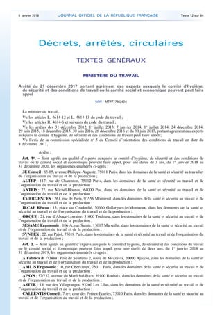 Décrets, arrêtés, circulaires
TEXTES GÉNÉRAUX
MINISTÈRE DU TRAVAIL
Arrêté du 21 décembre 2017 portant agrément des experts...