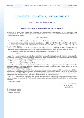 Décrets, arrêtés, circulaires
TEXTES GÉNÉRAUX
MINISTÈRE DES SOLIDARITÉS ET DE LA SANTÉ
Arrêté du 3 mai 2018 fixant le mont...