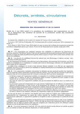Décrets, arrêtés, circulaires
TEXTES GÉNÉRAUX
MINISTÈRE DES SOLIDARITÉS ET DE LA SANTÉ
Arrêté du 3 mai 2018 relatif à la p...