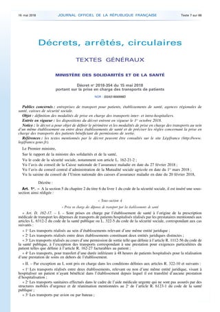 Décrets, arrêtés, circulaires
TEXTES GÉNÉRAUX
MINISTÈRE DES SOLIDARITÉS ET DE LA SANTÉ
Décret no
2018-354 du 15 mai 2018
p...