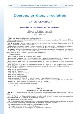 Décrets, arrêtés, circulaires
TEXTES GÉNÉRAUX
MINISTÈRE DE L’ÉCONOMIE ET DES FINANCES
Décret no
2018-431 du 1er
juin 2018
...
