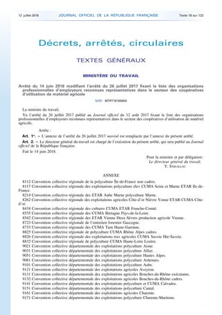 Décrets, arrêtés, circulaires
TEXTES GÉNÉRAUX
MINISTÈRE DU TRAVAIL
Arrêté du 14 juin 2018 modifiant l’arrêté du 26 juillet...