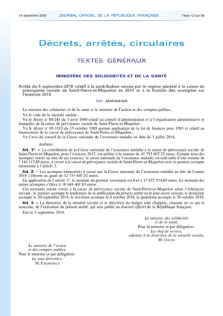 Décrets, arrêtés, circulaires
TEXTES GÉNÉRAUX
MINISTÈRE DES SOLIDARITÉS ET DE LA SANTÉ
Arrêté du 5 septembre 2018 relatif ...