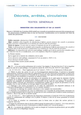 Décrets, arrêtés, circulaires
TEXTES GÉNÉRAUX
MINISTÈRE DES SOLIDARITÉS ET DE LA SANTÉ
Décret no
2018-841 du 3 octobre 201...
