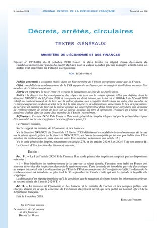 Décrets, arrêtés, circulaires
TEXTES GÉNÉRAUX
MINISTÈRE DE L’ÉCONOMIE ET DES FINANCES
Décret no
2018-865 du 8 octobre 2018...