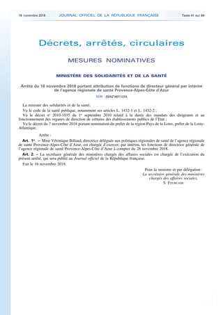 Décrets, arrêtés, circulaires
MESURES NOMINATIVES
MINISTÈRE DES SOLIDARITÉS ET DE LA SANTÉ
Arrêté du 16 novembre 2018 port...