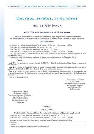 Décrets, arrêtés, circulaires
TEXTES GÉNÉRAUX
MINISTÈRE DES SOLIDARITÉS ET DE LA SANTÉ
Arrêté du 22 novembre 2018 relatif ...