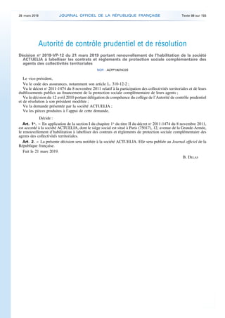 Autorité de contrôle prudentiel et de résolution
Décision no
2019-VP-12 du 21 mars 2019 portant renouvellement de l’habili...
