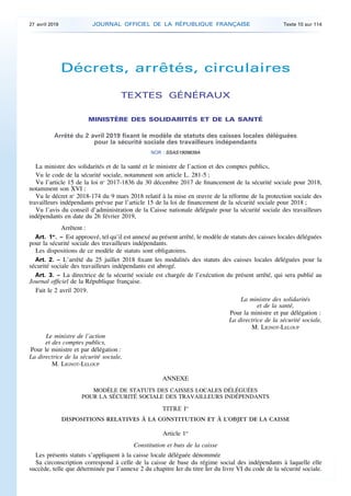 Décrets, arrêtés, circulaires
TEXTES GÉNÉRAUX
MINISTÈRE DES SOLIDARITÉS ET DE LA SANTÉ
Arrêté du 2 avril 2019 fixant le mo...