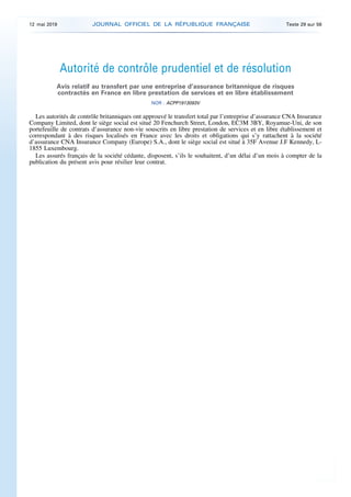 Autorité de contrôle prudentiel et de résolution
Avis relatif au transfert par une entreprise d’assurance britannique de r...