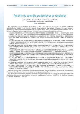 Autorité de contrôle prudentiel et de résolution
Avis relatif à des transferts partiels de portefeuille
de contrats d’entreprises d’assurance
NOR : ACPP1926603V
Par application des dispositions de l’article L. 324-1 du code des assurances, la société AMALINE
ASSURANCES (SIREN : 393 474 457), dont le siège social est situé à Paris (75008), 8-10, rue d’Astorg, a
présenté une demande tendant à l’approbation du transfert d’une partie de son portefeuille de contrats, avec les
droits et obligations qui s’y rapportent, aux caisses d’assurances mutuelles agricoles suivantes :
– CAISSE REGIONALE D’ASSURANCES MUTUELLES AGRICOLES D’OC – GROUPAMA D’OC
(SIREN : 391 851 557), dont le siège social est situé à Balma Cedex (31131), CS 93105, 14, rue de Vidailhan ;
– CAISSE DE RÉASSURANCE MUTUELLE AGRICOLE DU CENTRE MANCHE – GROUPAMA
CENTRE MANCHE (SIREN : 383 853 801), dont le siège social est situé à Chartres (28000) 10, rue Blaise-
Pascal ;
– CAISSE REGIONALE D’ASSURANCES MUTUELLES AGRICOLES DE RHONE-ALPES AUVERGNE
– GROUPAMA RHONE-ALPES AUVERGNE (SIREN : 779 838 366), dont le siège social est situé à Lyon
(69009), 50, rue de Saint-Cyr ;
– CAISSE REGIONALE D’ASSURANCES MUTUELLES AGRICOLES DU GRAND EST – GROUPAMA
GRAND EST (SIREN : 379 906 753), dont le siège social est situé à Schiltigheim (67300), 101, route de
Hausbergen ;
– CAISSE REGIONALE D’ASSURANCES MUTUELLES AGRICOLES BRETAGNE-PAYS DE LA LOIRE
(SIREN : 383 844 693), dont le siège social est situé à Rennes (35000), 23, boulevard Solferino ;
– CAISSE REGIONALE D’ASSURANCES MUTUELLES AGRICOLES MEDITERRANEE – GROUPAMA
MEDITERRANEE (SIREN : 379 834 906), dont le siège social est situé à Aix en Provence, 24, parc du Golf,
ZAC de Pichaury ;
– CAISSE REGIONALE D’ASSURANCES MUTUELLES AGRICOLES DU NORD-EST – GROUPAMA
NORD EST (SIREN : 383 987 625), dont le siège social est situé à Reims Cedex 2 (51686) CS 90010, 2, rue
Léon-Patoux ;
– CAISSE REGIONALE D’ASSURANCES MUTUELLES AGRICOLES PARIS VAL DE LOIRE (SIREN :
382 285 260), dont le siège social est situé à Gentilly (94250), 161, avenue Paul-Vaillant-Couturier ;
– CAISSE REGIONALE D’ASSURANCES MUTUELLES AGRICOLES CENTRE-ATLANTIQUE –
GROUPAMA CENTRE-ATLANTIQUE (SIREN : 381 043 686), dont le siège social est situé à Niort
(79000), 1, avenue de Limoges.
Un délai de deux mois à compter de la publication du présent avis est imparti aux créanciers de ces entreprises
d’assurance pour formuler leurs observations sur les projets de transfert.
Ces observations devront être présentées par écrit, sous pli recommandé, à l’Autorité de contrôle prudentiel et de
résolution, direction des autorisations, service des organismes d’assurance (66-2789), 4, place de Budapest,
CS 92459, 75436 Paris Cedex 09.
19 septembre 2019 JOURNAL OFFICIEL DE LA RÉPUBLIQUE FRANÇAISE Texte 117 sur 146
 