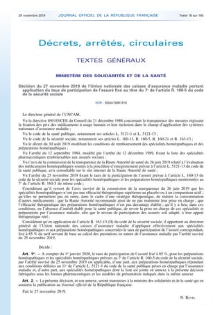 Décrets, arrêtés, circulaires
TEXTES GÉNÉRAUX
MINISTÈRE DES SOLIDARITÉS ET DE LA SANTÉ
Décision du 27 novembre 2019 de l’U...