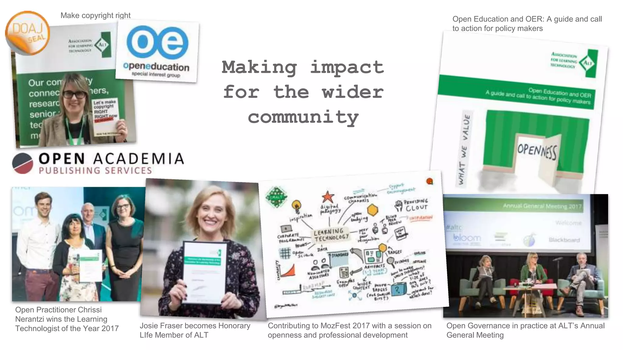 Making impact
for the wider
community
Open Practitioner Chrissi
Nerantzi wins the Learning
Technologist of the Year 2017 Josie Fraser becomes Honorary
LIfe Member of ALT
Contributing to MozFest 2017 with a session on
openness and professional development
Open Governance in practice at ALT’s Annual
General Meeting
Open Education and OER: A guide and call
to action for policy makers
Make copyright right
 