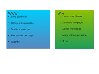 • Links can break
• Cannot write any page
• Sparse knowledge
• Few authors per page
• Gigantic
WWW Wiki
• Links cannot break
• Can write any page
• Dense knowledge
• Many authors per page
• Small
 