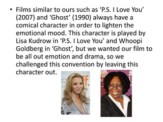 • Films similar to ours such as ‘P.S. I Love You’
  (2007) and ‘Ghost’ (1990) always have a
  comical character in order to lighten the
  emotional mood. This character is played by
  Lisa Kudrow in ‘P.S. I Love You’ and Whoopi
  Goldberg in ‘Ghost’, but we wanted our film to
  be all out emotion and drama, so we
  challenged this convention by leaving this
  character out.
 