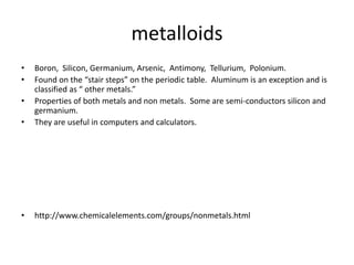 metalloids
•   Boron, Silicon, Germanium, Arsenic, Antimony, Tellurium, Polonium.
•   Found on the “stair steps” on the periodic table. Aluminum is an exception and is
    classified as “ other metals.”
•   Properties of both metals and non metals. Some are semi-conductors silicon and
    germanium.
•   They are useful in computers and calculators.




•   http://www.chemicalelements.com/groups/nonmetals.html
 