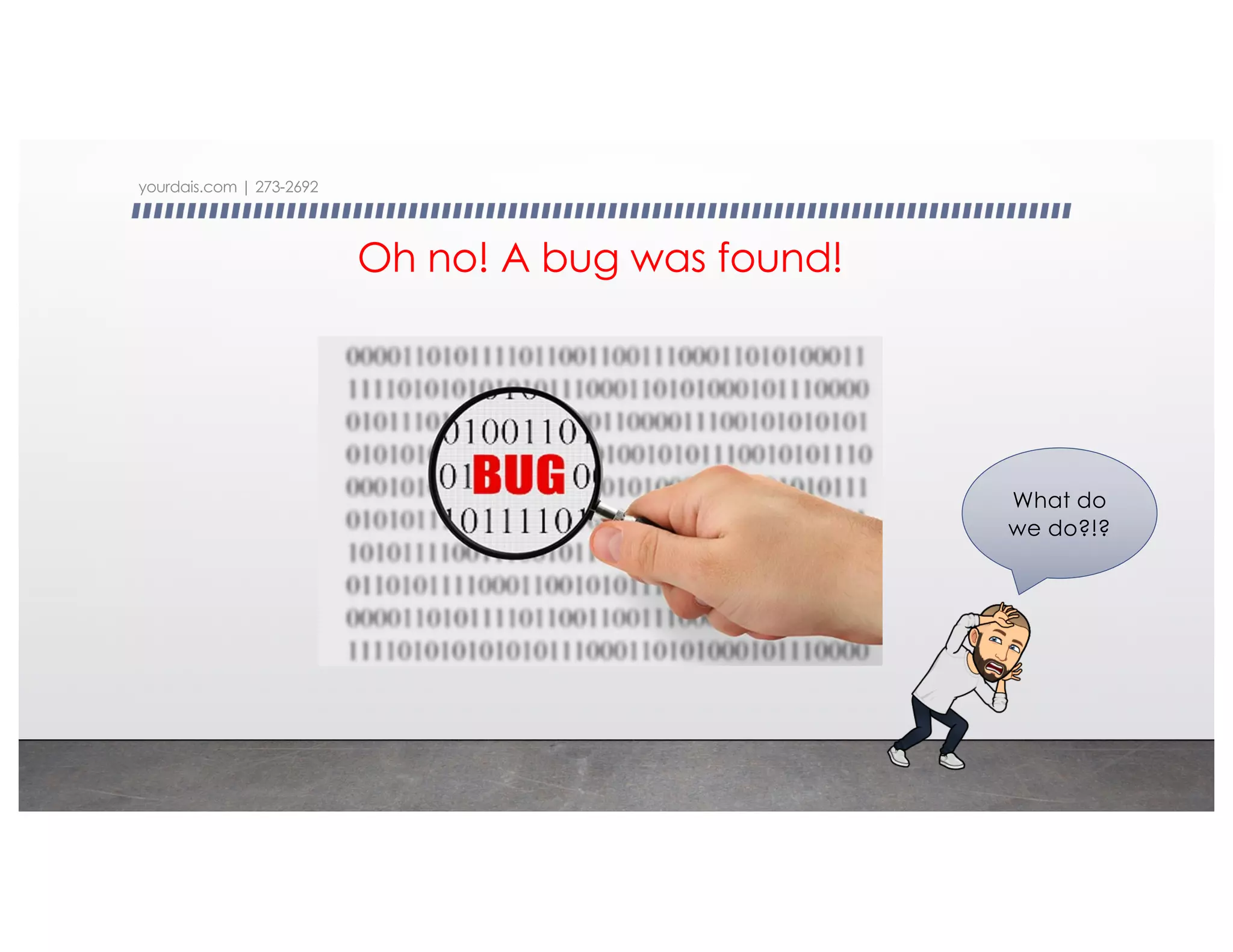 Oh no! A bug was found!
yourdais.com | 273-2692
What do
we do?!?
 