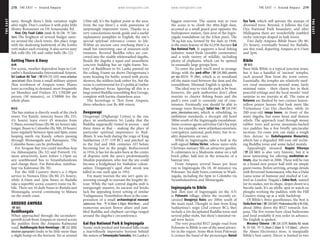 THEEAST www.lonelyplanet.com
THEEAST
www.lonelyplanet.com
tasty, though there’s little variation night
after night. Don’t confuse it with poky little
Monty Restaurant on DS Senanayake Rd.
New City Food Cabin (meals Rs 50-130; h7am-
9pm) The brightest of several budget eater-
ies around the clock tower, this place rings
with the deafening knifework of the kotthu
rotti maker each evening. It also serves tasty
fish rolls (Rs 18) and cutlet balls (Rs 12).
Getting There & Away
AIR
For scenic, weather-dependent hops to Col-
ombo’s Bandaranaike International Airport,
Sri Lankan Air Taxi (%019-733 3355; www.srilankan
.aero/airtaxi) flies from a small military airport
5km northwest of Ampara town. Planes
leave according to demand, most frequently
on Mondays and Fridays. It’s US$200 per
person (50 minutes), or US$800 for the
whole plane.
BUS
The bus station is directly south of the clock
tower. For Kandy, intercity buses (Rs 255,
4½ hours) leave every 45 minutes from
5.30am; normal buses (Rs 98, six hours) take
longer. Buses to Colombo (Rs 300, 10 hours)
leave regularly between 4pm and 8pm, some
looping north via Kandy, others passing
through Monaragala and Ratnapura. The
Colombo buses can be prebooked.
For Arugam Bay you could minibus-hop
via Akkaraipattu (Rs 32) and Pottuvil. Or,
more attractively, leave before 1.15pm on
any southbound bus to Siyambulanduwa
and change there. For Batticaloa, minibus-
hop via Kalmunai (Rs 30).
For the Hill Country there’s a 2.30pm
service to Nuwara Eliya (Rs 80, 2½ hours),
while 6.10am and 2pm buses to Badulla
take a superbly scenic country route via Bi-
bile. There are 10 daily buses to Buttala and
Monaragala, several continuing to Matara
on the south coast.
AROUND AMPARA
%063
Buddhangala
When approached through the secondary-
growth scrub from Ampara or viewed across
the paddies from the Ampara–Kalmunai
road, Buddhangala Rock Hermitage (%222 2030;
donation appropriate) looks to be little more than
a slight bump on the horizon. Yet at around
150m tall, it’s the highest point in the area:
from the top there’s a wide panorama of
surprisingly impressive views. Thanks to a
very conscientious monk-guide and a useful
explanatory pamphlet in English, the site’s
special spiritual relevance comes to life.
Within an ancient cave overhang there’s a
small but interesting case of museum-style
treasures. Revered Buddha relics are con-
creted into the sizable whitewashed dagoba.
Beside the dagoba a squat and unaesthetic
concrete building has an eight-frame ‘his-
tory’ of Buddhism in Sri Lanka painted on
the ceiling. Frame six shows Dutugemunu’s
army heading for battle; armed with picnic
skewers, the soldiers look rather fey, but the
scene is controversial for it’s political (rather
than religious) focus. Ignoring all this is a
large seated Buddha resembling Boy George,
complete with karma chameleon aura.
The hermitage is 7km from Ampara;
three-wheelers cost Rs 400 return.
Deegawapi
Deegawapi (Dighavapi Cetiya) is the one
place in southeastern Sri Lanka that the
Buddha supposedly visited in person – and
three times at that – making the place of
particular spiritual importance to Bud-
dhists. It was built during the reign of King
Saddartissa (137–119 BC) and patched up
in the 2nd and 18th centuries AD before
becoming lost in the jungle. Rediscovered
in 1916, it has for decades been at the centre
of disputes with the area’s predominantly
Muslim population, who fear the site could
become a bridgehead for Sinhalese coloni-
sation. Deegawapi’s aged chief monk was
killed in one such spat in 1952.
For many tourists the site isn’t quite in-
teresting enough to warrant the lengthy de-
tour. While the vast central dagoba stub is
intriguingly massive, its ancient red bricks
lack the appealing forest setting of similar
Yudaganawa. Nonetheless there is the com-
pensation of a small archaeological museum
(admission free; h8.30am-3.30pm Wed-Mon), and
numerous ancient flower altars and jum-
bled Buddha and elephant carvings ranged
around the dagoba’s circumference.
Gal Oya National Park & Inginyagala
Scenic rock-pocked and forested hills create
a marvellously impressive horizon behind
the waters of SenanayakeSamudra, Sri Lanka’s
biggest reservoir. The easiest way to view
the scene is to climb the 40m-high dam,
accessed at a small guard post opposite the
hydropower station, 1km west of the Ingin-
yagala roundabout (at the 41km post). The
78-sq-km sea, formed by the dam in 1948,
is the main feature of the 62,936-hectare Gal
Oya National Park. It supports a local fishing
industry, water birds (notably cormorants)
and a wide variety of wildlife, including
plenty of elephants, which can be spotted
in unusually large groups here.
To enter the park you’ll need to arrange
things with the park office (%224 2002; permits
per day US$14; h24hr), which is in woodland
off the main road between the dam and the
roundabout. Minimal English is spoken.
The ideal way to visit the park is by boat;
however, the park authorities don’t allow
tourists to charter fishing boats and the
park’s own craft is currently out of com-
mission. Eventually you should be able to
arrange tours through Safari Inn (%224 2147;
prem_lake@yahoo.com), which is rebuilding, to
ambitious standards, a decrepit old hotel
300m south of the Inginyagala roundabout.
Some ecotour agents advertise Gal Oya trips
(see, for example, www.srilankaecotourism.
com/galoya_national_park.htm), but in re-
ality departures are rare.
While in Inginyagala, take a look at the
well-signed Fatima Shrine, whose naive-style
Christian statuary fills an attractive garden.
It culminates in a Madonna statue on a tall
brick pillar, half lost in the tentacles of a
banyan tree.
From Ampara several buses per hour
run to Inginyagala (Rs 18, 40 minutes) via
Polowate. Six daily buses continue to Wadi-
nagala, including the 6pm to Colombo via
Siyambulanduwa and Monaragala.
Inginyagala to Bibile
Just 2km east of Inginyagala on the A31
is Polowate village, where the recently ex-
cavated Owagiriya Ruins are 200m south of
the main road. Thought to date from King
Saddartissa’s reign (2nd century BC), they
include a 2m decapitated Buddha torso and
several pillar stubs, but there’s minimal vis-
ual wow factor.
The very peaceful B527 jungle road from
Polowate to Bibile is one of the most attract-
ive in the region. Some 8km from Polowate
it crosses the bund of the picturesque Namal
Oya Tank, which still sprouts the stumps of
drowned trees. Beyond, it follows the Gal
Oya National Park boundary, and after
Mullegama there are wonderfully jumbled
rocky outcrops draped in lush forest.
Two daily Ampara–Bibile buses (Rs 80,
2½ hours), eventually bound for Badulla,
use this road, departing Ampara at 6.15am
and 2pm.
Bibile
%055
Busy little Bibile is a typical junction town,
but it has a handful of ‘ancient’ temples,
each around 5km from the town centre.
Essentially, the temples are relatively mod-
ern rural monasteries around some fairly
minimal ruins – their charm lies in their
peaceful settings and the local monks’ total
surprise to see tourists at all. The ruins at
Kotasera are flanked by two curious lemon-
yellow prayer houses that look more like
Vietnamese Cao Dai churches, while its
200-year-old image house, in front of the
main dagoba, has some beast and demon
reliefs. The approach road through mossy
rubber trees and across mountain-backed
rice paddies has a few briefly spectacular
sections. En route you can make a rough
1km detour to Badullagamma Monastery,
which has a degraded 500-year old reclin-
ing Buddha torso and some faded murals.
Appealingly situated Nagala Viharaya
(%226 5603) is also very historic, but it is
most interesting for offering meditation re-
treats, due to start in 2006. These will be run
in a brand-new prayer hall with six simple
guest rooms. Before arriving, arrange details
with Reverend Sumonasara, who has a Dalai
Lama sense of humour and studied at Cat-
ford in London. Nagala’s Cobra Rock, named
for its snakes, not its shape, slopes down to a
bucolic tank. It’s an idyllic spot to watch ox
ploughs working the paddies, with the Hill
Country rising up as a wide backdrop.
Of Bibile’s three guesthouses, the best is
SisilaRestInn (%2265691;PitakumburaRd;trRs550),
about 200m down the B527 towards Am-
para. The five rooms have clean bathrooms
and food available if you order in advance.
No English is spoken.
Mecency Chinese (%226 5279; Badulla Rd; meals
Rs 55-150; h11.30am-2.30pm & 5-9.30pm), above
the Abans Electronics store, is marginally
Bibile’s best eatery. Décor is limited to two
278 THE EAST •• Around Ampara THE EAST •• Around Ampara 279
 