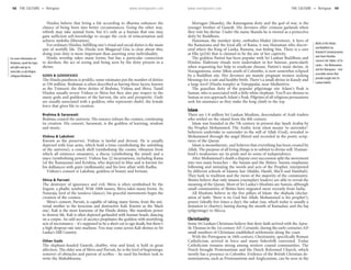 www.lonelyplanet.com www.lonelyplanet.com
Hindus believe that living a life according to dharma enhances the
chance of being born into better circumstances. Going the other way,
rebirth may take animal form, but it’s only as a human that one may
gain sufficient self-knowledge to escape the cycle of reincarnation and
achieve moksha (liberation).
For ordinary Hindus, fulfilling one’s ritual and social duties is the main
aim of worldly life. The Hindu text Bhagavad Gita is clear about this;
doing your duty is more important than asserting your individuality.
Hindu worship takes many forms, but has a particular connection
to darshan, the act of seeing and being seen by the deity present in a
shrine.
GODS & GODDESSES
The Hindu pantheon is prolific; some estimates put the number of deities
at 330 million. Brahman is often described as having three facets, known
as the Trimurti: the three deities of Brahma, Vishnu and Shiva. Tamil
Hindus usually revere Vishnu or Shiva but they also pay respect to the
many gods and goddesses of the harvest, the arts and prosperity. Gods
are usually associated with a goddess, who represents shakti, the female
force that gives life to creation.
Brahma & Saraswati
Brahma created the universe. His essence infuses the cosmos, continuing
its creation. His consort, Saraswati, is the goddess of learning, wisdom
and music.
Vishnu & Lakshmi
Known as the preserver, Vishnu is lawful and devout. He is usually
depicted with four arms, which hold a lotus (symbolising the unfolding
of the universe), a conch shell (symbolising the cosmic vibration from
which all existence emanates), a discus (symbolising the mind) and a
mace (symbolising power). Vishnu has 22 incarnations, including Rama
(of the Ramayana) and Krishna, who depicted in blue and is known for
his dalliances with gopis (milkmaids) and his love affair with Radha.
Vishnu’s consort is Lakshmi, goddess of beauty and fortune.
Shiva & Parvati
The destroyer of ignorance and evil, Shiva is often symbolised by the
lingam, a phallic symbol. With 1008 names, Shiva takes many forms. As
Nataraja, lord of the tandava (dance), his graceful movements begin the
creation of the cosmos.
Shiva’s consort, Parvati, is capable of taking many forms, from the uni-
versal mother to the ferocious and destructive Kali. Known as the ‘black
one’, Kali is the most fearsome of the Hindu deities. She manifests power
to destroy life. Kali is often depicted garlanded with human heads, dancing
on a corpse. An odd sect of ascetics propitiates the goddess with mortifying
acts of necromancy – it’s supposed to be a short cut to ego death, but there’s
a high dropout rate into madness. You may come across Kali shrines in Sri
Lanka’s Hill Country.
Other Gods
The elephant-headed Ganesh, chubby, wise and kind, is held in great
affection. The elder son of Shiva and Parvati, he is the lord of beginnings,
remover of obstacles and patron of scribes – he used his broken tusk to
write the Mahabharata.
Murugan (Skanda), the Kataragama deity and the god of war, is the
younger brother of Ganesh. His devotees offer crimson garlands when
they visit his shrine. Under the name Skanda he is viewed as a protective
deity by Buddhists.
Hanuman, the monkey deity, embodies bhakti (devotion). A hero of
the Ramayana and the loyal ally of Rama, it was Hanuman who discov-
ered where the King of Lanka, Rawana, was hiding Sita. There is a cave
at Ella (p216) that is claimed to be the site of her captivity.
The goddess Pattini has been popular with Sri Lankan Buddhists and
Hindus. Elaborate rituals were undertaken in her honour, particularly
when requesting her help to eradicate disease. Pattini’s main shrine, in
Navagamuwa, some 20km south of Colombo, is now somewhat eclipsed
by a Buddhist site. Her devotees are mainly pregnant women seeking
blessings for a safe and healthy birth. There’s a small shrine in Kandy and
a large kovil (Hindu temple) at Vattappalai, near Mullaittivu.
The guardian deity of the popular pilgrimage site Adam’s Peak is
Saman, who is associated with a little white elephant. You’ll see shrines to
Saman as you approach Adam’s Peak. Pilgrims of all religious persuasions
seek his assistance as they make the long climb to the top.
Islam
There are 1.8 million Sri Lankan Muslims, descendants of Arab traders
who settled on the island from the 8th century.
Islam was founded in the 7th century in present-day Saudi Arabia by
the Prophet Mohammed. The Arabic term islam means ‘to surrender’:
believers undertake to surrender to the will of Allah (God), revealed to
Mohammed through the angel Jibreel and recorded in the poetic scrip-
tures of the Quran.
Islam is monotheistic, and believes that everything has been created by
Allah. The purpose of all living things is to submit to divine will. Human-
kind’s weaknesses are its pride and its sense of independence.
After Mohammed’s death a dispute over succession split the movement
into two main branches – the Sunnis and the Shiites. Sunnis emphasise
following and imitating the words and acts of the Prophet, interpreted
by different schools of Islamic law (Maliki, Hanifi, Sha’fi and Hambali).
They look to tradition and the views of the majority of the community.
Shiites believe that only imams (exemplary leaders) are able to reveal the
meaning of the Quran. Most of Sri Lanka’s Muslims are Sunnis, although
small communities of Shiites have migrated more recently from India.
All Muslims believe in the five pillars of Islam: the shahada (declar-
ation of faith: ‘there is no God but Allah; Mohammed is his prophet’);
prayer (ideally five times a day); the zakat (tax, which today is usually a
donation to charity); fasting during the month of Ramadan; and the haj
(pilgrimage) to Mecca.
Christianity
Some Sri Lankan Christians believe that their faith arrived with the Apos-
tle Thomas in the 1st century AD. Certainly, during the early centuries AD
small numbers of Christians established settlements along the coast.
With the Portuguese in 16th century, Christianity, specifically Roman
Catholicism, arrived in force and many fisherfolk converted. Today
Catholicism remains strong among western coastal communities. The
Dutch brought Protestantism and the Dutch Reformed Church, which
mostly has a presence in Colombo. Evidence of the British Christian de-
nominations, such as Protestantism and Anglicanism, can be seen in the
For more information on
Hinduism, avoid the hype
and glitz and go to
www.bbc.co.uk/religion
/religions/hinduism.
Myths of the Hindus
and Buddhists by
Ananda K Coomaraswamy
and Sister Nivedita
converts the ‘bibles’ of Sri
Lanka – the Mahavamsa
and the Ramayana – into
accessible stories that
provide insight into Sri
Lankan beliefs.
48 THE CULTURE •• Religion THE CULTURE •• Religion 49
 