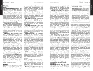 COLOMBO www.lonelyplanet.com
COLOMBO
www.lonelyplanet.com
Kollupitiya
BUDGET
YWCA National Headquarters (Map pp84-5; %232
3498; 7 Rotunda Gardens; dishes Rs 100-150) The busy
cafeteria at this hostel (p94) offers a wide
variety of dirt-cheap eats.
Amaravathi (Map pp84-5; %257 7418; 2 Mile Post
Ave; meals from Rs 125; a) This place offers at-
tentive service and arguably the best South
Indian cuisine in the capital for very rea-
sonable prices. The menu includes three
different vegetarian thalis (‘all-you-can-eat’
plates of rice, curries and accompaniments),
plus a varied selection of veg and nonveg
Madras- and Andhra-style dishes.
Crescat Boulevard (Map pp84-5; 89 Galle Rd; dishes
Rs135-250;a) A couple of minutes from Cin-
namon Grand Hotel, this shopping centre
has a good food hall downstairs. You have
a choice of Sri Lankan, Chinese, Malaysian
or Indian cuisine – or burgers. Service is
efficient, the surroundings are clean (with
clean toilets nearby), and the prices are
moderate.
Fab (Map pp84-5; %257 3348; 474 Galle Rd; pastries
Rs 25-45, dishes Rs 65-150) Upper-middle-class
Colombo residents fill the Fab in the after-
noon for tea, pastries, cakes and Western
and Eastern snacks, all of which are cut
above the similar fare at Green Cabin and
Pagoda Tea Room. There are four other
branches around the city, but this is the
original and the most popular.
Green Cabin (Map pp84-5; %258 8811; 453 Galle
Rd; dishes Rs 75-300) This place is a bit of an
institution in the local restaurant trade.
It’s well known for both its baked goods
and its inexpensive Sri Lankan, Indian and
Chinese dishes; the lunchtime buffet is ex-
cellent value – the mango curry, if it’s on,
is very good. For a snack try the vegetable
pastries or the bacon-and-egg pies.
Self-caterers can head to Beema(Mappp84-5;
RA de Mel Mawatha) on the 2nd floor of the big
market building near Liberty Plaza. It’s an
indoor place with fruit, vegetables and a
good range of imported foods at very com-
petitive prices. Keells (Map pp84-5; Crescat Boulevard
89 Galle Rd; LibertyPlaza RA de Mel Mawatha) is a super-
market popular with expats.
MIDRANGE
Palmyrah (Map pp84-5; 328 Galle Rd; dishes Rs 200-500;
a) In a nondescript kitchen in the base-
ment of Hotel Renuka a chef is whipping
up some of the finest Sri Lankan curries in
Colombo, along with a selection of South
Indian specialities. Don’t miss the stellar
wattalappam (coconut milk, egg, carda-
mom and jaggery pudding).
Namaste (Map pp84-5; 328 Galle Rd; dishes Rs 300-
600) This recent addition to Hotel Renuka
does for North Indian cuisine what the
Palmyrah does for Sri Lankan and South
Indian food – it provides the highest stand-
ards at affordable prices.
Siam House (Map pp84-5; %257 6993; 55 Abdul
Gaffour Mawatha; dishes Rs 250-500) The décor at
this great place is simple but the Thai food
is excellent and the service is good. It’s lo-
cated in a villa on a side street off RA de
Mel Mawatha.
Chesa Swiss (Map pp84-5; %257 3877; 3 Deal Pl;
mainsfromRs400;h7-11pmTue-Sun) This place at-
tracts regulars with sturdy Swiss fare (such
as sliced venison in Cognac-pepper sauce),
efficient service and its cosy, clean atmos-
phere. A good selection of imported wines
and beers is available.
Sakura (Map pp84-5; %257 3877; 15 Rheinland Pl;
dishes Rs 250-350) The food at Sakura, Colom-
bo’s oldest Japanese restaurant, is simply
prepared yet very tasty. If you sit at the bar
you can switch between watching the sushi
chef and the delightfully weird Japanese
game shows on the TV. Occasionally there
are karaoke videos. There is also a private
dining room with tatami mats.
German Restaurant (Map pp84-5; %242 1577; 11
Sir Mohamed Macan Markar Mawatha; dishes Rs 400-600;
h6pm-midnight) Opposite Galle Face Hotel,
this simply named eatery does all things
German. You may wish to visit during the
happy hour (7pm to 8pm) to sample the
draught German beer and wines.
Kafé Kent (Kent Cafe; Map pp84-5; %255 2837; 35
Bagatalle Rd; dishes Rs 200-500) This cosy restau-
rant includes several areas for a drink, and
multiple dining rooms for a quiet dinner.
It’s a good spot for women travellers.
TOP END
1864 (Map pp84-5; %254 1010; 2 Kollupitiya Rd, Col 3;
mains around Rs 1500) One of the most talked-
about restaurant debuts in Colombo, this
place in Galle Face Regency wows its cus-
tomers with a fusion of Indian, Italian and
Japanese cuisines.
Barista (Map pp84-5; %535 8849; The Piazza, 2 Kol-
lupitiya Rd, Col 3; coffees Rs 45-75, sandwiches Rs 375; i)
Sip perfect cappuccinos alongside the city’s
young, beautiful and wealthy in this large
espresso bar and deli that’s attached to the
new shopping wing of Galle Face Regency.
GalleryCafe (Mappp84-5;%2582162;2AlfredHouse
Rd; mains Rs 420-1100; i) The historic building
that houses Gallery Cafe used to be an of-
fice for Sri Lanka’s most famous architect,
Geoffrey Bawa. Entry is through a series of
colonnaded courtyards featuring ornamen-
tal pools; from the outer latticed gate you can
gaze right through to the inner courtyard.
There are exhibitions of paintings and pho-
tography in the courtyards, as well as in the
building. The open-air café area looks over
a pebbled courtyard, while the lounge-bar is
where Bawa’s old office used to be – in fact,
his desk is still there. It’s definitely one of
the places to be seen in Colombo, but more
importantly it’s a stunning spot and a terrific
retreat from the bustle of Colombo. On a
par with the décor, the Sri Lankan–inspired
dishes focus on fresh ingredients and bold,
clean flavours.As a cheaper option, come for
an afternoon coffee.
Cricket Club Cafe (Map pp84-5; %250 1384; 34
Queens Rd; meals Rs 600-900; h11.30am-2am; i)
This older-style bungalow with a garden and
veranda is one of Colombo’s most popular
places to meet, drink and eat. It is packed with
cricket memorabilia, needless to say.Options
range from pasta to seafood to burgers with
salad and chips. There’s a good bar and an
excellent selection of beers and wines.
Sea Spray (Map pp84-5; %254 1010; 2 Kollupitiya Rd;
buffetlunch/dinnerRs600/900) This quaint oceanside
restaurant in Galle Face Hotel specialises in
barbecued seafood. The outside tables are
close enough to the sea to hear the surf.
Barefoot Garden Cafe (Map pp84-5; %258 9305;
704 Galle Rd; sandwiches Rs 300-500, meals Rs 600-800;
i) Located in the courtyard of the well-
known Barefoot gallery (p102), this café
serves sandwiches, snacks such as falafel
in pita bread, and daily specials that usu-
ally include one Sri Lankan, one Thai, one
Malay-Indonesian and several Western
dishes. There’s also a wine list.
Bambalapitiya, Havelock Town &
Wellawatta
Greenlands Hotel (Map p88; %258 1986; 3A Shrub-
bery Gardens, Col 4; meals from Rs 120; a) Despite
its hospital-ward-like interior, Greenlands
whips up very good, fresh South Indian
food. Divided in to a busy semi-open-air
canteen area and a separate air-con dining
room, this place is popular with locals. The
prices are so low you won’t mind that you
may have to beg to be served.
Shanti Vihar (Map pp84-5; %258 02243; Havelock
Rd, Col 5; meals Rs 90-145; a) This place’s deli-
ciously spicy vegetarian food and very rea-
sonable prices make it popular with locals
and foreigners alike. It’s a basic, well-worn
eatery, though there is a fancier air-con sec-
tion. The menu’s South Indian offerings
are especially good: masala dosa (curried
vegetables inside a paper-thin lentil-flour
pancake) for Rs 60, curd vadai (a deep-fried
lentil-flour patty with yoghurt) for Rs 25
and Madras thalis for Rs 90. Shanti Vihar
also has a home-delivery service.
Sapid (Map p88; 145 Galle Rd, Col 4; dishes Rs 100-300;
a) From the outside, Sapid’s glassed-in
dining rooms gives the place the look of a
New York deli, but inside it’s tasty and fast
Sri Lankan food.
ChineseDragonCafe (Mapp88;%2503637;11Mi-
lagiriyaAve,Col4;dishesRs200-400) Colombo prob-
ably has more Chinese restaurants than Sri
Lankan ones, and this spot, housed in an
old mansion, is one of the more popular
because of its inexpensive rice and noodle
dishes.
Majestic City (Map p88; Galle Rd, Col 4; a) A
good spot for a cheap but reasonable qual-
ity lunch is the food hall in the basement of
this shopping centre, where you can choose
from Malaysian, Chinese, Sri Lankan, West-
ern fast food and Indian. There’s a play area
for children next to the eating area, and the
complex also has a good Cargills Food City
on the ground floor.
THE AUTHOR’S CHOICE
Beach Wadiya (Mapp88;%2588568;2Station
Ave, Col 6; mains from Rs 400) Maybe it’s the way
the staff greets every arriving diner as if they
were family. Or it might be because you feel
equally welcome whether you’re wearing a
T-shirt or a tux. Whatever the appeal, come
early to pick a table inside the weather-
beaten beach shack or outside in the sand,
order a chilled Three Coins beer while a
waiter fills you in on the day’s catch, and
receive your specially customised grilled or
fried seafood platter.
98 COLOMBO •• Eating COLOMBO •• Eating 99
 