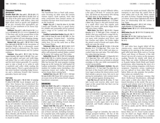 COLOMBO www.lonelyplanet.com
COLOMBO
www.lonelyplanet.com
Cinnamon Gardens
MIDRANGE
Paradise Road Cafe (Map pp84-5; %268 6043; 213
Dharmapala Mawatha; light meals Rs 250-450) Part of
the shop of the same name (p103), this café
serves great coffee, milk shakes, cakes and
light meals (such as quiche and spaghetti)
in an airy veranda-style atmosphere up-
stairs. It’s just southwest of De Soysa (Lip-
ton) Circus.
Delifrance (Map pp84-5; coffee & lunch Rs 500; Crescat
Boulevard 89 Galle Rd, Col 3; Odel Unlimited 5 Alexandra Pl, Col
7) This busy café, on the ground floor of the
very popular Odel Unlimited store, is de-
lighted to siphon off your shopping change.
There’s also an outlet in Crescat Boulevard.
Mahout Café (Map pp84-5; %269 1056; 61 Ward
Place; light meals Rs 400-500) In the mezzanine of
Elephant Walk, this is a pleasantly casual
spot for lunch or afternoon tea. The menu
emphasises Mediterranean and Sri Lankan
cuisines.
Commons (Map pp84-5; %257 4384; 74A Dhar-
mapala Mawatha; light meals Rs 400-500) Part gar-
den, part gallery and part café (with large,
soft sofas), this is a safe retreat for women
and for tired visitors generally. It’s a perfect
spot to take a break or to settle in with
a sandwich and coffee while reading the
Sunday papers. There’s a good selection for
the sweet-toothed, including fudge brown-
ies and a delicious brunch that features
pancakes, bacon and syrup.
TOP END
Number 18 (Map pp84-5; %269 4000; 18 Cambridge
Pl; dishes Rs 500-1500) Local designer and ho-
telier Taru Fanseca has transformed this
‘60s-vintage bank governor’s residence into
a chic eatery with minimalist décor. Aus-
tralian Russell Gronow is the man behind
the menu, which blends Pacific Rim and
Mediterranean influences. Also available is
a variety of wines and exotic cocktails, in-
cluding the Turkish delight martini.
Le Palace (Map pp84-5; %269 5920; 79 Gregory’s
Rd; dishes Rs 600-900) In a beautiful old mansion
in one of Colombo’s most exclusive streets,
this place specialises in first-class pastries
and baked goods, and has 15 international
set menus ranging from Mexican to Ma-
laysian. If you are coming here by taxi or
three-wheeler, ask the driver to take you via
the Kynsey Rd entrance; much of the street
is closed to traffic.
Mt Lavinia
The beachfront here is lined with restau-
rants focusing on what most Mt Lavinia
visitors expect: fresh seafood. Note that
some restaurants have limited menus on
weekdays because most local tourists come
on the weekend.
Angler (Map p89; 71 Hotel Rd; dishes Rs 350-1000)
Casual and friendly, this is a good choice
for reliable and reasonably priced seafood,
and a range of Sri Lankan and Western
dishes.
Frankfurt Lavinia Beer Garden (Map p89; %271
6034; 34/8A De Saram Rd; mains Rs 400-1000) As the
name suggests, German food – including
delicious home-made sausages – is the spe-
ciality here. It’s on the same lane as Blue
Seas Guest House.
Fisherman’s Villa (Map p89; %074 202821; 43/19
College Ave, Mt Lavinia; mains Rs 500-1500) Set in a
wooden pavilion, this beachfront restaurant
offers well-prepared seafood dishes cooked
in Western, Sri Lankan and Thai styles.
GoldenMile(Mapp89;%2733997;43/14CollegeRd;
mains Rs 600-1700) In a timber-framed, partially
open-air building right on the beach, Golden
Mile has become the most popular evening
hang-out in Mt Lavinia for well-funded Sri
Lankan weekenders. While the seafood and
modern Sri Lankan menu (including a few
vegetarian items) isn’t stellar, the snappy
service keeps them coming back.
Seafood Cove (Map p89; %271 5221-7; 100 Hotel
Rd; mains Rs 800-2100) Enjoy Mt Lavinia’s pretti-
est ocean view at Mt Lavinia Hotel’s elegant
beachfront restaurant.
DRINKING
Galle Face Hotel (Map pp84-5; 2 Kollupitiya Rd, Col 3;
h11am-midnight) Favourite gathering spots
for a drink at this venerable institution
(p95) include Veranda, a no-nonsense bar
on the inside veranda, and the Checker-
board, a cluster of tables on the courtyard
lawn facing the sea. Or go the whole hog
and quaff imported wine while smoking
Cuban cigars and nibbling French cheeses
in the hotel’s new wine lounge.
Clancy’s Irish Pub (Map pp84-5; %268 2945; 29
Maitland Cres, Col 7; h11am-3.30am) Colombo’s
stab at Irishness offers pub grub and a var-
iety of beers and ales, including Guinness.
It’s a popular spot, with regular quiz nights,
live music on weekends and a few couches
to sink into. Upstairs, Shooters Sports &
Music Lounge has several billiards tables,
a bar and a 150-inch TV screen for sport
fans. All drinks are discounted 50% during
the daily 6pm to 8pm happy hour.
Molly’s Irish Pub & Restaurant (Map pp84-5;
%254 3966; 46/38 Nawam Mawatha, Col 2; h10.30am-
3.30am) Like Clancy’s, this pub (tucked away
in a small office area) has regular quiz
nights, live music, pub meals, happy hours
and retro dance nights.
White Horse (Map pp84-5; %230 4922; 2 Nawam
Mawatha, Col 2; h10am-2pm) Close enough to
Molly’s that you could lead a conga line be-
tween them, White Horse is a sparse, mod-
ern space with stainless–steel décor, and
low couches and tables. On Friday nights
the mixed crowd of locals and expats often
spills out onto the street.
Bistro Latino (Map p88;%258 0063; 21 RA de Mel
Mawatha, Col 4; h6.30pm-2am) This wine bar
serves tapas (Rs 300 to 800) and plays re-
corded Latin jazz and salsa. The staff offers
free salsa-dancing lessons.
Cricket Club Cafe (Map pp84-5; 34 Queens Rd, Col 3;
h11.30am-2am) This café (p99) has yet an-
other bar in which you can drink to colonial
nostalgia, in this case while surrounded by
cricket memorabilia.
Sri Lanka Ex-Servicemen’s Institute (Map p82;
29 Bristol St, Col 1; h11am-11pm) The plain bar at
the back of this hostel’s (p93) lobby serves
Lion Lager at about the lowest prices you’ll
find outside a grocery store, but you’re not
paying for atmosphere. Solo women travel-
lers are advised against drinking here.
Lion Pub (Map p89; Galle Rd, Mt Lavinia; h11am-
2am) Locals and tourists alike neck Lion
Lager at this casual little bar that’s not far
from the beach.
ENTERTAINMENT
Although the long years of war put a damp-
ener on Colombo’s nightlife, since the 2002
cease-fire a small but vigorous group of
clubs has loosened up the city’s young and
wealthy. A big night out might start at a
restaurant or pub, segue into revelry at a
nightclub, and finally collapse in a heap
at a casino.
Casinos
Gaming is legal in Colombo, but only for
foreign passport–holders. All five of the
city’s casinos are found in Bambalapitiya
and Kollupitiya. Incentives to lure punt-
ers include free meals and drinks, plus free
transport to and from the casino; bets at
most tables start at Rs 500. Most casinos
are open 24 hours. Despite bearing identi-
cal names, those listed alphabetically below
have no relationship with the casinos in
Las Vegas.
Bally’s Casino (Map pp84-5; %257 3497; 14 Dhar-
mapala Mawatha, Col 3) Near Liberty Plaza.
Bellagio Casino (%257 5271; 430 RA de Mel Mawatha,
Col 3)
MGM Casino (Map p88; %259 1319; 772 Galle Rd, Col 4)
Near Majestic City.
Ritz Club (%234 1496; 5 Galle Face Terrace, Col 3)
Star Dust (Map pp84-5; %257 3493;15th Lane, Galle
Rd, Col 3)
Cinemas
TV and video have largely killed off the
cinema scene – many old movie houses are
hanging on by catering to the raincoat bri-
gade with lurid skin flicks such as Craving
Desire and House of Pleasure; if the title
doesn’t tip you off, a notice on the marquee
reading ‘Strictly for Adults’ will. Most of
these films are either Hollywood backlot
or B-grade Indian (both Hindi and Tamil)
productions, often featuring the story of a
busty victim seeking vengeance with heavy
weaponry. Expensive scenes (explosions
etc) are spliced in from other films. Sin-
halese films are also popular, but produc-
tion values are similarly low.
There are four nonsleazy cinemas that
show Hollywood blockbusters, although
often quite a while after they’ve been re-
leased elsewhere in the world. The air-con
systems and volume tend to be turned up
high. Majestic Cinema (Map p88; %258 1759; 4th
fl, Majestic City, Galle Rd, Col 4) is the most mod-
ern and has the best screens. Liberty Cinema
(Map pp84-5; %232 5264; Dharmapala Mawatha, Col 3),
Savoy (Map p88; %258 9621; Galle Rd, Col 6) and
Regal (Map p82; %243 2936; 8 Sir Chittampalam A Gar-
diner Mawatha, Col 2), opposite the original Lake
House Bookshop, are also safe bets. Shows
run in the morning and evening (usually
starting at 6.30pm or 7pm). Tickets cost
Rs 150 for adults and Rs 100 for children
under 12.
The foreign cultural centres show art-
house films; see LT, Travel Lanka and the
Linc for what’s on. Regal, which is oppo-
site colonial-era Lake House, is a common
screening location for local film festivals.
100 COLOMBO •• Drinking COLOMBO •• Entertainment 101
 