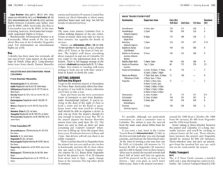 COLOMBO www.lonelyplanet.com
COLOMBO
www.lonelyplanet.com
Expo Aviation (Map pp84-5; %257 6941; info@
expoavi.com;464GalleRd,Col3) and AeroLanka(%250
5632; www.aerolanka.com; 500 Galle Rd, Col 6) operate
flights between Colombo and Jaffna (one
way Rs 6900), while AeroLanka also flies to
Trincomalee (one way Rs 4890). At the time
of writing, however, AeroLanka had tempo-
rarily suspended flights to Trinco.
Bandaranaike International Airport is at
Katunayake, 30km north of the city and
about 2km east of the Colombo–Negombo
road. For information on international
flights see p336.
Bus
Colombo has three main bus terminals, all
just east of Fort train station on the south
edge of Pettah (Map p82). Long-distance
buses leave from chaotic Bastian Mawatha
station and Saunders Pl station; Central Bus
Station on Olcott Mawatha is where many
suburban buses start and stop. See left for
details of selected services.
Train
The main train station, Colombo Fort, is
within walking distance of the city centre.
Trains in transit often stop only for two or
three minutes. See opposite for details of
services.
There’s an information office (%244 0048;
h9am-5pmMon-Fri,9am-1pmSat), in fact a branch
office of JF Tours, at the front of Fort sta-
tion. The helpful staff know everything
about transport in and out of Colombo. Or
you could try the information desk in the
station. There is left-luggage storage at the
station’s cloakroom (perbagperdayRs20;h4.30am-
11.30pm). Fort station is crawling with touts
waiting to hook you up with their ‘uncle’s’
hotel in Kandy or down the coast.
GETTING AROUND
To/From the Airport
To get to the domestic airport at Ratmalana
Air Force Base AeroLanka offers free shut-
tle service if you hold its tickets; otherwise
you’ll have to take a taxi.
Taxis and buses are the most convenient
forms of transport to and from Bandara-
naike International Airport. If you’re ar-
riving in the dead of the night it’s best to
book a room and let the hotel or guest-
house know what time you’ll be arriving.
Staff should be able to organise a driver to
pick you up from the airport, though it’s
easy enough to jump in a taxi. Bus 187 to
the airport departs the Bastian Mawatha
station from 6am until 9pm (Rs 25). The
buses are easy to find, as there are men
screaming out ‘Airport! Airport!’ when-
ever one is filling up. From the airport they
leave every 30 minutes between 4.30am and
11pm. Taxi drivers will tell you there is no
public transport.
There is no bus directly to Negombo from
the airport but you can catch an air-con bus
to Katunayake junction (Rs 8), from where
you can catch a bus to Negombo (inter-
city express Rs 15). Buses from Negombo
head to the airport every 15 to 20 minutes
from about 5am to 9pm – again, change
buses at the junction. The trip takes about
45 minutes.
It’s possible, although not particularly
convenient, to catch a commuter train to
Colombo. The station is near the turn-off
from the main road, about 500m from the
terminal.
If you want a taxi, head to the Ceylon
Tourist Board’s information desk (h24hr), in
the first arrivals hall after you exit through
customs, and find out the latest fixed rates.
At the time of writing a one-way fare was
Rs 1010 to Colombo (40 minutes to 1½
hours); Rs 600 to Negombo (20 minutes);
and Rs 3300 to Kandy (two to three hours).
After you’ve exited the second arrivals hall
that’s full of hotel and hire-car agencies,
you’ll be pounced on by an army of taxi
drivers – take your pick, as you’ll know
what to pay. Taxis to the airport cost more –
around Rs 1500 from Colombo (Rs 1800
from Mt Lavinia), Rs 800 from Negombo
and Rs 3500 from Kandy.
Avoid taking a three-wheeler between
the airport and Colombo; it’s a long, mis-
erable journey and you’ll be sucking in
exhaust fumes all the way. Three-wheeler
fares between the airport and Negombo
should be around Rs 400 (30 minutes).
Three-wheelers may not pick up passen-
gers from the terminal but you can catch
one on the road outside the airport.
Public Transport
BUS
The A–Z Street Guide contains a detailed
table and a map showing bus routes in Co-
lombo. The Central Transport Board (CTB)
SELECTED BUS DESTINATIONS FROM
COLOMBO
From Bastian Mawatha
Ambalangoda Rs 36, two hours.
Galle Regular/air-con Rs 63/130, three hours.
Hikkaduwa Regular/air-con Rs 54/110, two to
three hours.
Kandy Regular Rs 70 to 120, air-con Rs 140, 2½
to 3½ hours.
Kataragama Regular/air-con Rs 146/280, 10
hours.
Matara Regular/air-con Rs 84/170, four to five
hours.
Nuwara Eliya Rs 220, six hours.
Tangalla Regular/air-con Rs 104/210, six hours.
Trincomalee Regular/air-con Rs 200/240, six to
seven hours.
From Saunders Pl
Anuradhapura CTB/intercity bus Rs 107/210,
five hours.
Badulla Rs 22, seven hours.
Haputale Rs 265, six hours.
Kurunegala Regular/intercity Rs 45/84, four to
five hours.
Negombo Regular/air-con Rs 28/42, one to two
hours.
Ratnapura CTB/intercity bus Rs 46/100, three
hours.
Polonnaruwa Regular/air-con Rs 170/230, six
hours.
MAIN TRAINS FROM FORT
Destination Departure time Fare (Rs) Duration
3rd class 2nd class 1st class (hr)
Anuradhapura 5.45am, 2pm 120 215 420 5
Anuradhapura 3.55pm 160 290 520 4
(Intercity Express)
Anuradhapura 9.30pm 175 309 520 5
(Night Mail)
Batticaloa 7.30pm 218 393 697 9-10
(Intercity Express)
Badulla via Kandy 5.55am 190 343 580 9
(Podi Menike)
Badulla via Peradeniya 9.45am 190 343 580 9
Junction (Udarata
Menike)
Badulla (Night Mail) 7.40pm, 10pm 190 343 580 9
Kandy via Peradeniya 7am, 3.25pm 80 125 250 2½
Junction
Kandy via Rambukkana 5.55am, 10.30am, 12.40pm, 61 150 — 3
4.55pm, 5.50pm, 7.40pm
Matara via Bentota, 7.10am, 9am, 4pm, 10.30am, 72 180 — 4
Hikkaduwa & Galle 2.05pm, 5pm, 5.52pm
Negombo 4.30am, 5.20am, 6am, 21 — — 2
8.40am, 9.25am, 1pm,
1.45pm, 2.50pm, 4.55pm,
5.20pm, 5.35pm, 5.40pm,
6.20pm, 6.55pm, 8.20pm
Polonnaruwa 6.15am, 10.30pm 54 147 331 6-9
Trincomalee 6.15am, 10.30pm 194 347 587 8
Vavuniya via 5.45am, 2pm 120 218 420 6
Anuradhapura
Vavuniya 3.55pm 160 290 560 4
(Intercity Express)
104 COLOMBO •• Getting Around COLOMBO •• Getting Around 105
 