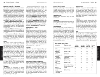 THEHILLCOUNTRY www.lonelyplanet.com
THEHILLCOUNTRY
www.lonelyplanet.com
KANDYAN DANCERS & DRUMMERS
The famed Kandyan dancers are not princi-
pally a theatrical performance, but you can
see them go through their athletic routines
each night at three locales around Kandy.
KandyLakeClub (admissionRs300) Located 300m
up Sanghamitta Mawatha, this club starts its
show at 7pm. It’s very popular; the finale is
a display of fire-walking. The front seats are
usually reserved for groups and if you want
to get good seats, turn up at least 20 minutes
early. Kandy Lake Club is also a casino.
Kandyan Art Association & Cultural Centre (ad-
mission Rs 300) There are shows here at 6pm,
which culminate in fire-walking. The audi-
torium makes it easier to take photographs
than at Kandy Lake Club. It’s on the north-
ern lake shore.
Mahanuwara YMBA (%223 3444; 5 Rajapihilla Ma-
watha; admission Rs 300) Southwest of the lake, the
YMBA guesthouse (p170) hosts dance shows
at 5.45pm.
You can also hear Kandyan drummers
every day at the Temple of the Sacred Tooth
Relic (p166) and the other temples sur-
rounding it – their drumming signals the
start and finish of the daily puja.
SPORT
The modest Asgiriya Stadium, north of the
town centre, hosts crowds of up to 10,000
cheering fans at international one-day and
test matches. Ticket prices depend on the
popularity of the two teams. India versus
Sri Lanka matches are the most valued; seats
in the grandstand can cost up to Rs 2000,
while standing room in the public areas will
cost Rs 120. Tickets are also sold on the
day, or you can book grandstand seats up
to a month in advance through the Sri Lanka
Cricketoffice (%2238533;sl.cricinfo.com) at the sta-
dium or online.
If you’re a rugby fan and are in Kandy
between May and September, you can take
in a game or two at the Nittawella rugby
grounds. Check with the tourist office for
details on who’s playing when.
Shopping
The Kandyan Art Association & Cultural
Centre (above) has a good selection of local
lacquerwork, brassware and other craft
items in a colonial-era showroom covered
in a patina of age. There are some crafts-
people working on the spot.
There’s a government-run Laksala arts
and crafts shop to the west of the lake that
has cheaper prices than those of the Art
Association & Cultural Centre, but it has
nothing on the big Laksala in Colombo.
Central Kandy has a number of shops sell-
ing antique jewellery, silver belts and other
items. You can also buy crafts in and around
the colourful mainmarket (StationRd). Kandy has
a number of batik manufacturers; some of
the best and most original are the batik pic-
tures made by Upali Jayakody (Peradeniya Rd) and
by Fresco Batiks (Peradeniya Rd) outside Kandy.
You’ll find several showrooms purveying an-
tiques and curios in the same general vicinity,
including Dharshana Lanka Arts (Peradeniya Rd).
Getting There & Away
BUS
Kandy has one main bus station (the manic
Goods Shed) and a series of bus stops near
the clock tower. It can be hard to work out
which one to head to. A rule of thumb worth
following is that the Goods Shed has long-
distance buses, while local buses, such as to
Peradeniya, Ampitiya, Matale and Kegalle,
leave from near the clock tower. However,
some private intercity express buses (to the
airport, Negombo and Colombo, for ex-
ample) leave from Station Rd between the
clock tower and the train station. If you’re
still confused, ask a passer-by.
Colombo
CTB buses run from the Goods Shed bus
station every half-hour till 8.30pm (Rs 70,
3½ hours). There are also ordinary private
buses (Rs 80 to 120, three hours), and air-
con intercity express buses (Rs 140, 2½ to
three hours); both services start at 5.15am
and leave when full throughout the day (on
average every 45 minutes). The express and
ordinary buses leave from stand No 1.
International Airport & Negombo
Private intercity express buses to Bandara-
naike International Airport and Negombo
leave from the Station Rd bus stop. CTB
buses leave from the Goods Shed. The first
intercity bus departs at about 6.30am and
the last at about 5.30pm. They tend to leave
when full, every 20 to 30 minutes. The fare
for the three- to 3½-hour journey is Rs 64
for the CTB bus and Rs 140 for the air-con
express bus.
Nuwara Eliya & Hatton
Private air-con buses go to Nuwara Eliya, and
some go on to Hatton (or you can change in
Nuwara Eliya for Hatton). They leave from
the Goods Shed bus station every half-hour
between 5am and 5pm. The fare is Rs 125.
Haputale & Ella
Change buses at Nuwara Eliya for these
destinations.
Ratnapura
Ordinary buses to Ratnapura leave from the
Goods Shed every 45 minutes, from 5.30pm
to 3.45am; the fare is Rs 67.
Anuradhapura
Buses leave from the Goods Shed bus sta-
tion. Air-con intercity express buses start
running at about 4.30am and depart roughly
every half-hour until 6.30pm. The trip takes
three hours and costs Rs 150. Ordinary
buses take about 30 minutes longer and
cost Rs 75. You can also catch an air-con
Anuradhapura-bound bus to Dambulla,
but you must pay the full amount regard-
less. The trip to Dambulla on an ordinary
private bus costs Rs 40.
Polonnaruwa
Ordinary buses leave the Goods Shed bus
station from 4.30am and go roughly every
20 minutes until 6pm. Tickets are Rs 90
and the journey takes three hours, with a
change of bus in Dambulla (included in
the ticket price). Air-con buses leave three
times daily at 9.30am, 11.30am and 1pm
and cost Rs 150.
Sigiriya
There’s a CTB bus to Sigiriya from the
Goods Shed bus station at 10.30am, which
returns at 5.30pm (Rs 45). There are a cou-
ple of ordinary private buses per day for
Rs 52. You can also take one of the more-
frequent Polonnaruwa-bound buses, then
get off at the Sigiriya junction and take
another bus the final 9km to Sigiriya.
TAXI
Many long-distance taxi drivers hang around
the Temple of the Sacred Tooth Relic, wait-
ing for work. Your guesthouse or hotel can
organise taxi tours but you may be able to
get a cheaper deal if you organise it through
these chaps. Cars can generally be hired,
with a driver and petrol, for approximately
MAIN TRAINS FROM KANDY
Destination Departure time 3rd-class 2nd-class 1st-class Duration
fares (Rs) fares (Rs) fares (Rs) (hr)
Badulla 8.24am, 11.10am 92 171 341 7½
(Podi Menike)
Bandarawela 8.24am, 11.10am 76 141 270 6
(Podi Menike)
Colombo 6.25am, 3pm 80 125 250 2½
(Intercity Express)
Colombo via 1.40am, 6.40am, 10.30am, 61 114 — 3
Rambukkana 3pm, 4.10pm
Ella (Podi Menike) 8.24am, 11.10am 82 152 310 6½
Haputale 8.24am, 11.10am 70 121 268 5½
(Podi Menike)
Hatton 8.24am, 11.10am 35 64 245 2½
(Podi Menike)
Matale 5.10am, 7.05am, 10.05am, 13 — — 1½
2.25pm, 5.20pm, 6.55pm
Matara via 5.20am 135 225 — 6
Bentota & Galle
Nanu Oya 8.24am, 11.10am 51 94 289 4
(for Nuwara Eliya)
(Podi Menike)
186 THE HILL COUNTRY •• Kandy THE HILL COUNTRY •• Kandy 187
 