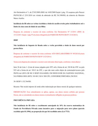 Ato Declaratório nº 1, de 27/03/2009 (DOU de 14/05/2009 Seção I, pág. 15) suspenso pelo Parecer
PGFN/CRJ nº 2331/2010 em virtude da admissão do RE 561.908/RS, da relatoria do Ministro
Marco Aurélio.
Incidência do IR sobre as verbas recebidas a título de auxílio-creche pelos trabalhadores até o
limite de cinco anos de idade de seus filhos
Dispensa de contestar e recorrer do tema conforme Ato Declaratório Nº 13/2011 (DOU de
15/12/2011 Seção 1 pág 57) (Leitura obrigatória do PARECER PGFN/CRJ/Nº 2118/2011)
IRRF
Não incidência de Imposto de Renda sobre a verba percebida a título de dano moral por
pessoa física
Dispensa de contestar e recorrer do tema conforme ATO DECLARATÓRIO Nº 09/2011(Leitura
obrigatória do PARECER PGFN/CRJ/Nº 2123/2011)
Tema com dispensa de contestar e recorrer com relevante observação, conforme o item abaixo:
Item 38 da Lista 1- (Lista de temas julgados pelo STF sob a forma do art. 543-B do CPC ou pelo
STJ sob a forma do art. 543-C do CPC, e que não mais serão objeto de contestação/recurso pela
PGFN) da LISTA DE RE E RESP JULGADOS, EM DESFAVOR DA FAZENDA NACIONAL,
NA FORMA DOS ARTS. 543-B E 543-C DO CPC, CONFORME PORTARIA 294/2010
38- RESP 1.152.764/RS
Resumo: Não incide imposto de renda sobre indenização por danos morais de qualquer natureza.
OBSERVAÇÃO: Esse entendimento se aplica, apenas, aos danos morais sofridos por pessoas
físicas, não se estendendo aos danos morais eventualmente infligidos às pessoas jurídicas.
PREVIDÊNCIA PRIVADA
Não incidência do IR sobre o recebimento antecipado de 10% da reserva matemática do
Fundo de Previdência Privada como incentivo para a migração para novo plano (parcela
recebida após 01.1996), na proporção do que foi recolhido antes (Lei 7713)

 
