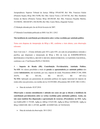 Jurisprudência: Superior Tribunal de Justiça: EREsp 199.643/SP, Rel. Min. Francisco Falcão
(Primeira Seção); REsp 308.176/PR, Rel. Min. Garcia Vieira e 267.847/SC, Rel. Min. Humberto
Gomes de Barros (Primeira Turma); REsp 205.092/SP, Rel. Min. Francisco Peçanha Martins,
414.960/SC, 460.644/SP e 246.962/RS, Rel. Min. Castro Meira, (Segunda Turma).
(*) Redação alterada pelo Ato de 06 de fevereiro de 2007.
(**)Súmula Consolidada publicada no DOU I de 201.1.2012
Não incidência de contribuição previdenciária sobre verbas recebidas por anistiado político
Tema com dispensa de interposição de REsp e RE, conforme o item abaixo, com observação
relevante:
Item 4 da Lista 3 – (Temas definidos pelo STJ e pelo STF, em sede de jurisprudência reiterada e
pacífica, que dispensam a interposição de REsp e RE) da Lista de JURISPRUDÊNCIA
REITERADA E PACÍFICA, DO STF E DO STJ, DESFAVORÁVEL À FAZENDA NACIONAL,
conforme o art. 2º da Portaria PGFN nº 294/2010.
4

-

Imposto

de

Renda

(IR).

Contribuição

Previdenciária.

Anistiado

Político.

No STF: Os valores percebidos a título de pensão ou aposentadoria por anistiado político têm
caráter indenizatório, não incidindo, por isso, imposto de renda. Precedentes (RMS 27.386, RMS
28.076,

RE

565.146,

RE

601.527,

RE

487.122,)

No STJ: Aplicação aos pensionistas de anistiados políticos do regime isencional do imposto de
renda sobre seus proventos, nos moldes da Lei 10.559/2002. (Precedentes MS 10.967, MS 11.038.)
Data da inclusão: 02.07.2010.
Observação: o mesmo entendimento é adotado nos casos em que se discute a incidência da
contribuição previdenciária sobre as verbas recebidas pelos anistiados políticos. Assim, em
tais casos também fica dispensada a apresentação de recursos. (Precedentes: no STJ: AgRg
nos EmbExeMS 11.753/DF, AgRg no AREsp 119.651/DF, AgRg no REsp 1263946/DF, AgRg no
REsp 1100453/DF, MS 11.297/DF, no STF: AI 830907/GO, AI 742256/GO)
Data da inclusão da observação: 30/11/2012

 