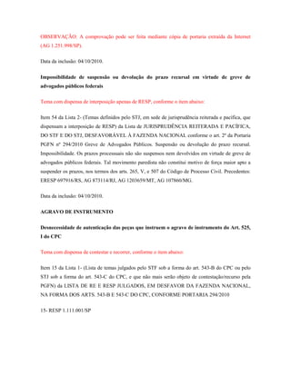 OBSERVAÇÃO: A comprovação pode ser feita mediante cópia de portaria extraída da Internet
(AG 1.251.998/SP).
Data da inclusão: 04/10/2010.
Impossibilidade de suspensão ou devolução do prazo recursal em virtude de greve de
advogados públicos federais
Tema com dispensa de interposição apenas de RESP, conforme o item abaixo:
Item 54 da Lista 2- (Temas definidos pelo STJ, em sede de jurisprudência reiterada e pacífica, que
dispensam a interposição de RESP) da Lista de JURISPRUDÊNCIA REITERADA E PACÍFICA,
DO STF E DO STJ, DESFAVORÁVEL À FAZENDA NACIONAL conforme o art. 2º da Portaria
PGFN nº 294/2010 Greve de Advogados Públicos. Suspensão ou devolução do prazo recursal.
Impossibilidade. Os prazos processuais não são suspensos nem devolvidos em virtude de greve de
advogados públicos federais. Tal movimento paredista não constitui motivo de força maior apto a
suspender os prazos, nos termos dos arts. 265, V, e 507 do Código de Processo Civil. Precedentes:
ERESP 697916/RS, AG 873114/RJ, AG 1203659/MT, AG 107860/MG.
Data da inclusão: 04/10/2010.
AGRAVO DE INSTRUMENTO
Desnecessidade de autenticação das peças que instruem o agravo de instrumento do Art. 525,
I do CPC
Tema com dispensa de contestar e recorrer, conforme o item abaixo:
Item 15 da Lista 1- (Lista de temas julgados pelo STF sob a forma do art. 543-B do CPC ou pelo
STJ sob a forma do art. 543-C do CPC, e que não mais serão objeto de contestação/recurso pela
PGFN) da LISTA DE RE E RESP JULGADOS, EM DESFAVOR DA FAZENDA NACIONAL,
NA FORMA DOS ARTS. 543-B E 543-C DO CPC, CONFORME PORTARIA 294/2010
15- RESP 1.111.001/SP

 