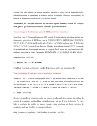 Resumo: Não mais subsiste, no sistema normativo brasileiro, a prisão civil do depositário infiel,
independentemente da modalidade de depósito, trate-se de depósito voluntário (convencional) ou
cuide-se de depósito necessário, como o é o depósito judicial.
Possibilidade de a meação responder por ato ilícito apenas quando o credor, na execução
fiscal, provar que o enriquecimento dele resultante aproveitou ao casal
Tema com dispensa de interposição apenas de RESP, conforme o item abaixo:
Item 11 da Lista 2- (Temas definidos pelo STJ, em sede de jurisprudência reiterada e pacífica, que
dispensam a interposição de RESP) da Lista de JURISPRUDÊNCIA REITERADA E PACÍFICA,
DO STF E DO STJ, DESFAVORÁVEL À FAZENDA NACIONAL conforme o art. 2º da Portaria
PGFN nº 294/2010 Execução Fiscal. Penhora. Meação. Aplicação da Súmula 251/STJ (A meação
só responde pelo ato ilícito quando o credor, na execução fiscal, provar que o enriquecimento dele
resultante aproveitou ao casal). Precedentes: RESPs 701.170; 107.017; 260.642; 641.400; 302.644.
Data da inclusão: 02.07.2010
LEGITIMIDADE ATIVA E PASSIVA
Faculdade outorgada ao juiz sobre reunião de processos contra um mesmo devedor
Tema com dispensa de contestar e recorrer, conforme o item abaixo:
Item 61 da Lista 1- (Lista de temas julgados pelo STF sob a forma do art. 543-B do CPC ou pelo
STJ sob a forma do art. 543-C do CPC, e que não mais serão objeto de contestação/recurso pela
PGFN) da LISTA DE RE E RESP JULGADOS, EM DESFAVOR DA FAZENDA NACIONAL,
NA FORMA DOS ARTS. 543-B E 543-C DO CPC, CONFORME PORTARIA 294/2010
61 – RESP 1.158.766/RJ
Resumo: A reunião de processos contra um mesmo devedor, pela conveniência da unidade da
garantia da execução, é uma faculdade outorgada ao juiz e não um dever a ele imposto. Por outro
lado, a cumulação de pedidos no mesmo executivo fiscal configura um direito subjetivo do
exeqüente, desde que atendidos os pressupostos legais.
OBS: Transitou em julgado em 25/10/2010 Data da inclusão: 14/02/2011

 