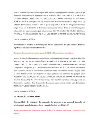 Item 07 da Lista 2- (Temas definidos pelo STJ, em sede de jurisprudência reiterada e pacífica, que
dispensam a interposição de RESP) da Lista de JURISPRUDÊNCIA REITERADA E PACÍFICA,
DO STF E DO STJ, DESFAVORÁVEL À FAZENDA NACIONAL conforme o art. 2º da Portaria
PGFN nº 294/2010 Execução fiscal de pequeno valor. Constitucionalidade do artigo 34 da Lei
6.830/80. Entendimento assente do STF de que o artigo 108, II da CF não revogou tacitamente o
artigo 34 da Lei n. 6.830/80: O dispositivo constitucional apenas define a competência para o
julgamento dos recursos criados pela lei processual (RE 458.153, RE 460.160, RE 423.651, AI
707.872, AI 710.921, RE 148.301, RE 591.811, RE 529.135, AI 740.552, RE 600.395, AI 747.861).
Data da inclusão: 02.07.2010.
Possibilidade de escolher o domicílio para fins de ajuizamento de ação contra a União na
hipótese de litisconsórcio ativo facultativo
Tema com dispensa de interposição apenas de RESP e RE, conforme o item abaixo:
Item 01 da Lista 3 - (Temas que foram definidos, em jurisprudência reiterada e pacífica, pelo STJ e
pelo STF) da Lista de JURISPRUDÊNCIA REITERADA E PACÍFICA, DO STF E DO STJ,
DESFAVORÁVEL À FAZENDA NACIONAL conforme o art. 2º da Portaria PGFN nº 294/2010
Competência. Artigo 109, § 2º. Litisconsórcio ativo facultativo. No STF: Em caso de litisconsórcio
ativo facultativo em que os litisconsortes sejam domiciliados em diferentes Estados, as ações contra
a União Federal podem ser propostas na seção judiciária do domicílio de qualquer deles.
Precedentes (RE 353.992, RE 484.235, RE 234.059, RE 344.396, RE 353.985, RE 473.192, RE
453.967, RE 353.969). No STJ: Em litisconsórcio ativo facultativo contra a União, é possível aos
demandantes escolher o foro do domicílio de qualquer deles para se intentar ação. Precedentes:
RESP 591.074; RESP 942.185; RESP 1.038.265.
Data da inclusão: 02.07.2010.
DA EXTINÇÃO DO PROCESSO
Desnecessidade de intimação da suspensão do processo e de eventual despacho de
arquivamento quando da suspensão da execução fiscal do art. 40 da LEF
Tema com dispensa de interposição apenas de RESP e relevante observação , conforme o item
abaixo:

 