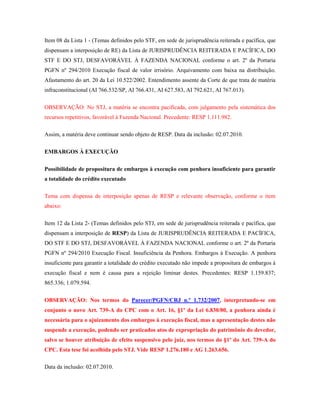 Item 08 da Lista 1 - (Temas definidos pelo STF, em sede de jurisprudência reiterada e pacífica, que
dispensam a interposição de RE) da Lista de JURISPRUDÊNCIA REITERADA E PACÍFICA, DO
STF E DO STJ, DESFAVORÁVEL À FAZENDA NACIONAL conforme o art. 2º da Portaria
PGFN nº 294/2010 Execução fiscal de valor irrisório. Arquivamento com baixa na distribuição.
Afastamento do art. 20 da Lei 10.522/2002. Entendimento assente da Corte de que trata de matéria
infraconstitucional (AI 766.532/SP, AI 766.431, AI 627.583, AI 792.621, AI 767.013).
OBSERVAÇÃO: No STJ, a matéria se encontra pacificada, com julgamento pela sistemática dos
recursos repetitivos, favorável à Fazenda Nacional. Precedente: RESP 1.111.982.
Assim, a matéria deve continuar sendo objeto de RESP. Data da inclusão: 02.07.2010.
EMBARGOS À EXECUÇÃO
Possibilidade de propositura de embargos à execução com penhora insuficiente para garantir
a totalidade do crédito executado
Tema com dispensa de interposição apenas de RESP e relevante observação, conforme o item
abaixo:
Item 12 da Lista 2- (Temas definidos pelo STJ, em sede de jurisprudência reiterada e pacífica, que
dispensam a interposição de RESP) da Lista de JURISPRUDÊNCIA REITERADA E PACÍFICA,
DO STF E DO STJ, DESFAVORÁVEL À FAZENDA NACIONAL conforme o art. 2º da Portaria
PGFN nº 294/2010 Execução Fiscal. Insuficiência da Penhora. Embargos à Execução. A penhora
insuficiente para garantir a totalidade do crédito executado não impede a propositura de embargos à
execução fiscal e nem é causa para a rejeição liminar destes. Precedentes: RESP 1.159.837;
865.336; 1.079.594.
OBSERVAÇÃO: Nos termos do Parecer/PGFN/CRJ n.º 1.732/2007, interpretando-se em
conjunto o novo Art. 739-A do CPC com o Art. 16, §1º da Lei 6.830/80, a penhora ainda é
necessária para o ajuizamento dos embargos à execução fiscal, mas a apresentação destes não
suspende a execução, podendo ser praticados atos de expropriação do patrimônio do devedor,
salvo se houver atribuição de efeito suspensivo pelo juiz, nos termos do §1º do Art. 739-A do
CPC. Esta tese foi acolhida pelo STJ. Vide RESP 1.276.180 e AG 1.263.656.
Data da inclusão: 02.07.2010.

 