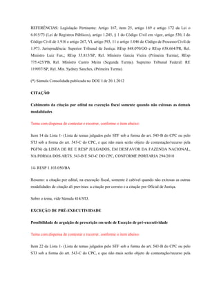 REFERÊNCIAS: Legislação Pertinente: Artigo 167, item 25, artigo 169 e artigo 172 da Lei o
6.015/73 (Lei de Registros Públicos), artigo 1.245, § 1 do Código Civil em vigor, artigo 530, I do
Código Civil de 1.916 e artigo 267, Vl, artigo 593, 11 e artigo 1.046 do Código de Processo Civil de
1.973. Jurisprudência: Superior Tribunal de Justiça: REsp 848.070/GO e REsp 638.664/PR, Rel.
Ministro Luiz Fux,; REsp 35.815/SP, Rel. Ministro Garcia Vieira (Primeira Turma); REsp
775.425/PB, Rel. Ministro Castro Meira (Segunda Turma). Supremo Tribunal Federal: RE
119937/SP, Rel. Min. Sydney Sanches, (Primeira Turma).
(*) Súmula Consolidada publicada no DOU I de 20.1.2012
CITAÇÃO
Cabimento da citação por edital na execução fiscal somente quando não exitosas as demais
modalidades
Tema com dispensa de contestar e recorrer, conforme o item abaixo:
Item 14 da Lista 1- (Lista de temas julgados pelo STF sob a forma do art. 543-B do CPC ou pelo
STJ sob a forma do art. 543-C do CPC, e que não mais serão objeto de contestação/recurso pela
PGFN) da LISTA DE RE E RESP JULGADOS, EM DESFAVOR DA FAZENDA NACIONAL,
NA FORMA DOS ARTS. 543-B E 543-C DO CPC, CONFORME PORTARIA 294/2010
14- RESP 1.103.050/BA
Resumo: a citação por edital, na execução fiscal, somente é cabível quando não exitosas as outras
modalidades de citação ali previstas: a citação por correio e a citação por Oficial de Justiça.
Sobre o tema, vide Súmula 414/STJ.
EXCEÇÃO DE PRÉ-EXECUTIVIDADE
Possibilidade de arguição de prescrição em sede de Exceção de pré-executividade
Tema com dispensa de contestar e recorrer, conforme o item abaixo:
Item 22 da Lista 1- (Lista de temas julgados pelo STF sob a forma do art. 543-B do CPC ou pelo
STJ sob a forma do art. 543-C do CPC, e que não mais serão objeto de contestação/recurso pela

 