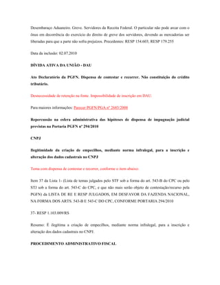 Desembaraço Aduaneiro. Greve. Servidores da Receita Federal. O particular não pode arcar com o
ônus em decorrência do exercício do direito de greve dos servidores, devendo as mercadorias ser
liberadas para que a parte não sofra prejuízos. Precedentes: RESP 154.603; RESP 179.255
Data da inclusão: 02.07.2010
DÍVIDA ATIVA DA UNIÃO - DAU
Ato Declaratório da PGFN. Dispensa de contestar e recorrer. Não constituição do crédito
tributário.
Desnecessidade de retenção na fonte. Impossibilidade de inscrição em DAU.
Para maiores informações: Parecer PGFN/PGA nº 2683/2008
Repercussão na esfera administrativa das hipóteses de dispensa de impugnação judicial
previstas na Portaria PGFN nº 294/2010
CNPJ
Ilegitimidade da criação de empecilhos, mediante norma infralegal, para a inscrição e
alteração dos dados cadastrais no CNPJ
Tema com dispensa de contestar e recorrer, conforme o item abaixo:
Item 37 da Lista 1- (Lista de temas julgados pelo STF sob a forma do art. 543-B do CPC ou pelo
STJ sob a forma do art. 543-C do CPC, e que não mais serão objeto de contestação/recurso pela
PGFN) da LISTA DE RE E RESP JULGADOS, EM DESFAVOR DA FAZENDA NACIONAL,
NA FORMA DOS ARTS. 543-B E 543-C DO CPC, CONFORME PORTARIA 294/2010
37- RESP 1.103.009/RS
Resumo: É ilegítima a criação de empecilhos, mediante norma infralegal, para a inscrição e
alteração dos dados cadastrais no CNPJ.
PROCEDIMENTO ADMINISTRATIVO FISCAL

 