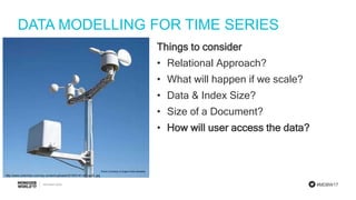 #MDBW17
DATA MODELLING FOR TIME SERIES
http://www.switchdoc.com/wp-content/uploads/2015/01/41-tvY-gqZL.jpg
Things to consider
• Relational Approach?
• What will happen if we scale?
• Data & Index Size?
• Size of a Document?
• How will user access the data?
 